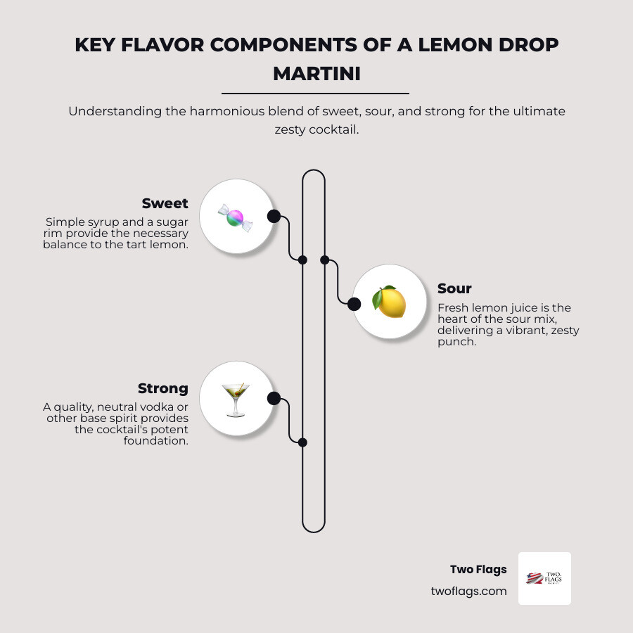 Infographic showing the three essential components of a Lemon Drop Martini: Sweet (simple syrup and sugar rim), Sour (fresh lemon juice in sour mix), and Strong (quality vodka base), with optimal ratios and balance points for achieving the perfect citrus cocktail - lemon drop martini sour mix infographic infographic-line-3-steps-elegant_beige