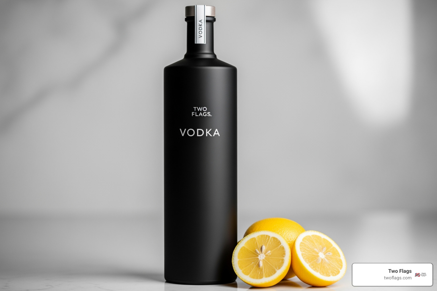 Two Flags Vodka bottle next to fresh lemons - lemon drop martini sour mix