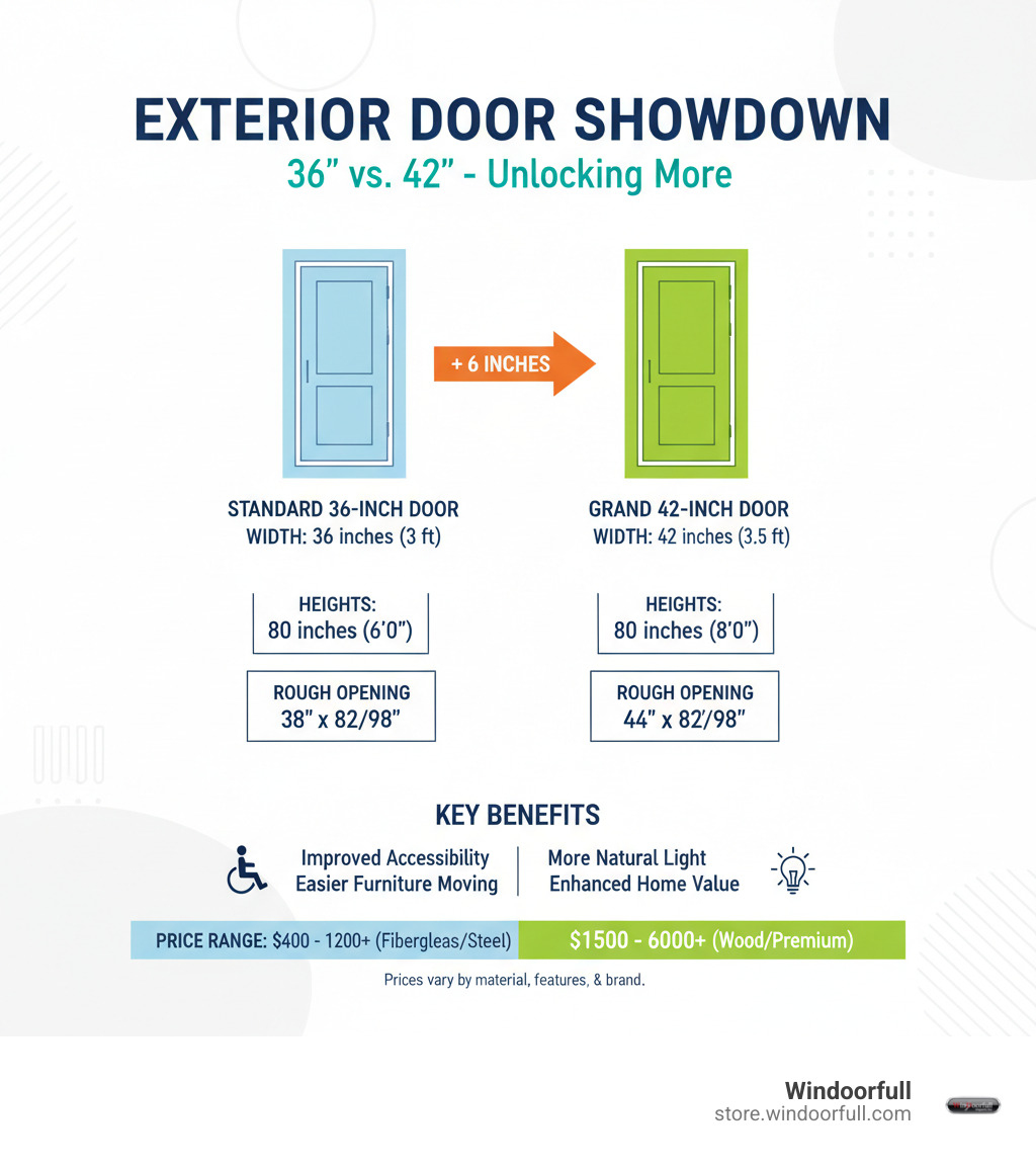 Infographic comparing standard 36 inch door versus 42 inch door dimensions, showing the 6 inch width difference, typical heights of 80 and 96 inches, rough opening requirements, benefits like improved accessibility and furniture moving, and price ranges from budget fiberglass to premium wood options - 42 exterior door infographic Infographic comparing standard 36 inch door versus 42 inch door dimensions, showing the 6 inch width difference, typical heights of 80 and 96 inches, rough opening requirements, benefits like improved accessibility and furniture moving, and price ranges from budget fiberglass to premium wood options - 42 exterior door infographic