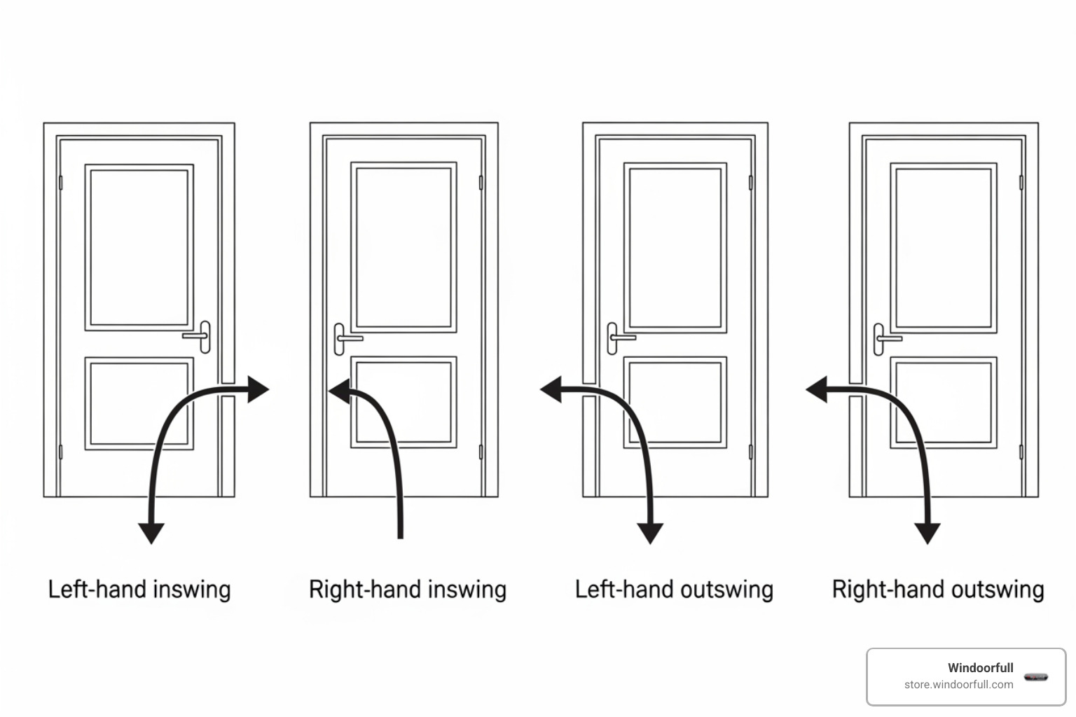 Diagram illustrating door handing: left-hand inswing, right-hand inswing, left-hand outswing, right-hand outswing - 42 exterior door Diagram illustrating door handing: left-hand inswing, right-hand inswing, left-hand outswing, right-hand outswing - 42 exterior door