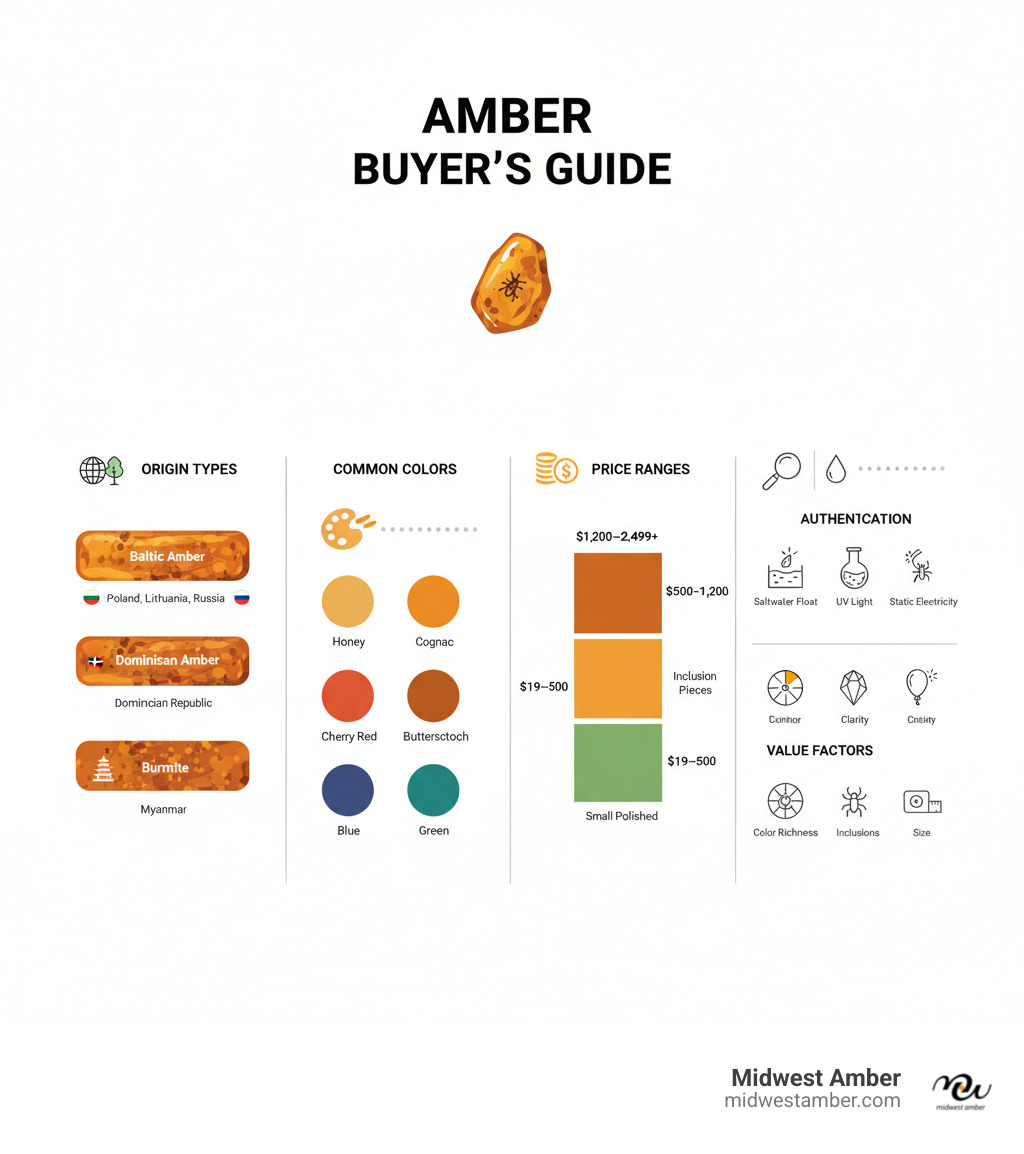 Infographic showing amber types by origin, common colors (honey, cognac, butterscotch, cherry red, blue, green), price ranges ($19-$2,499), authentication methods (saltwater float test, UV light test, static electricity test), and value factors (color richness, clarity, inclusions, size) - Amber for sale infographic 