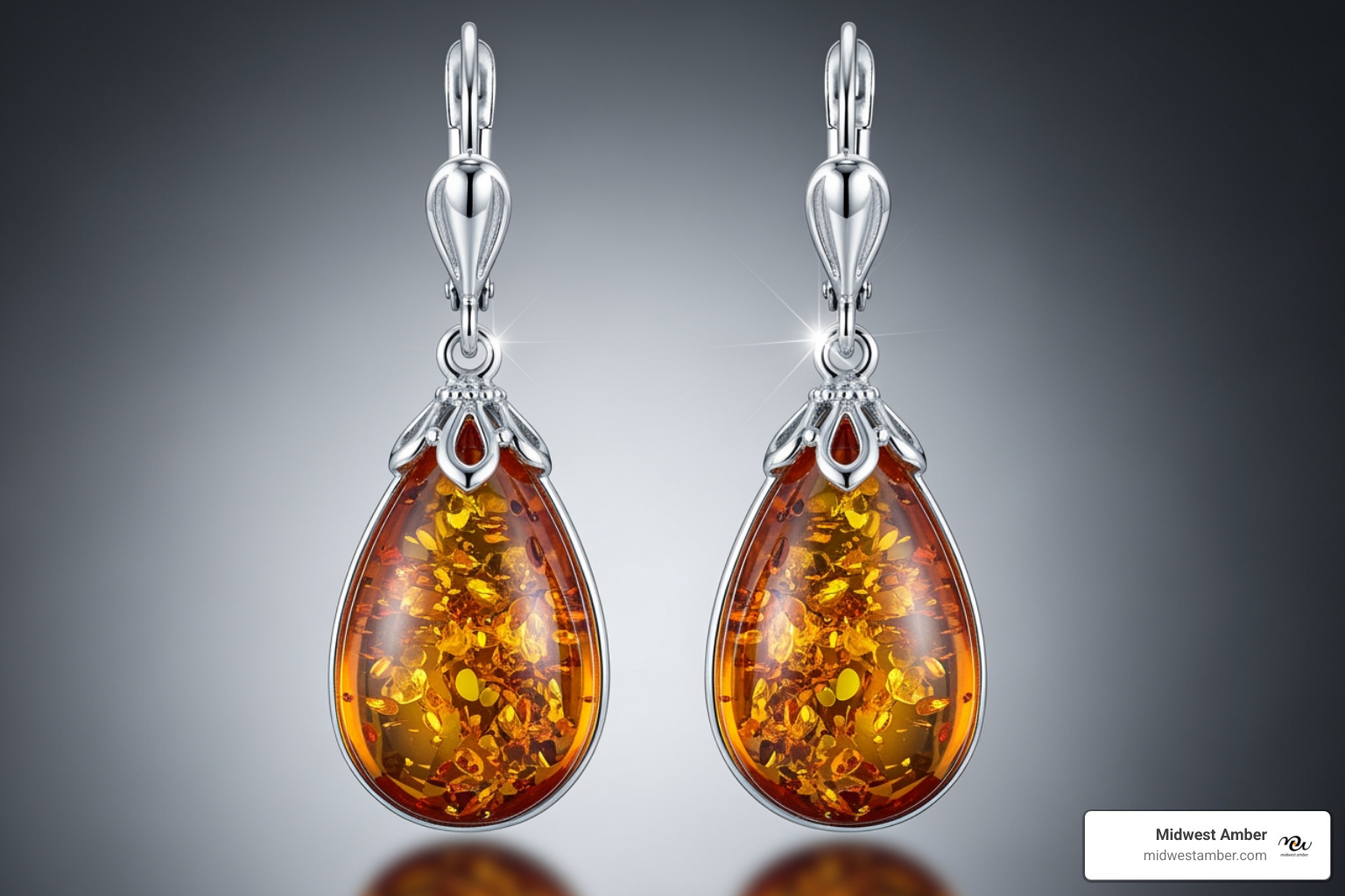 A pair of sparkling amber drop earrings set in sterling silver - Amber for sale