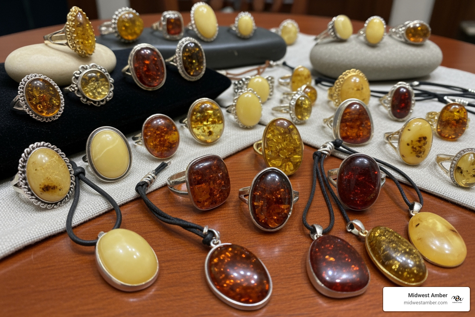 A diverse collection of amber jewelry including rings, bracelets, and pendants - Amber for sale