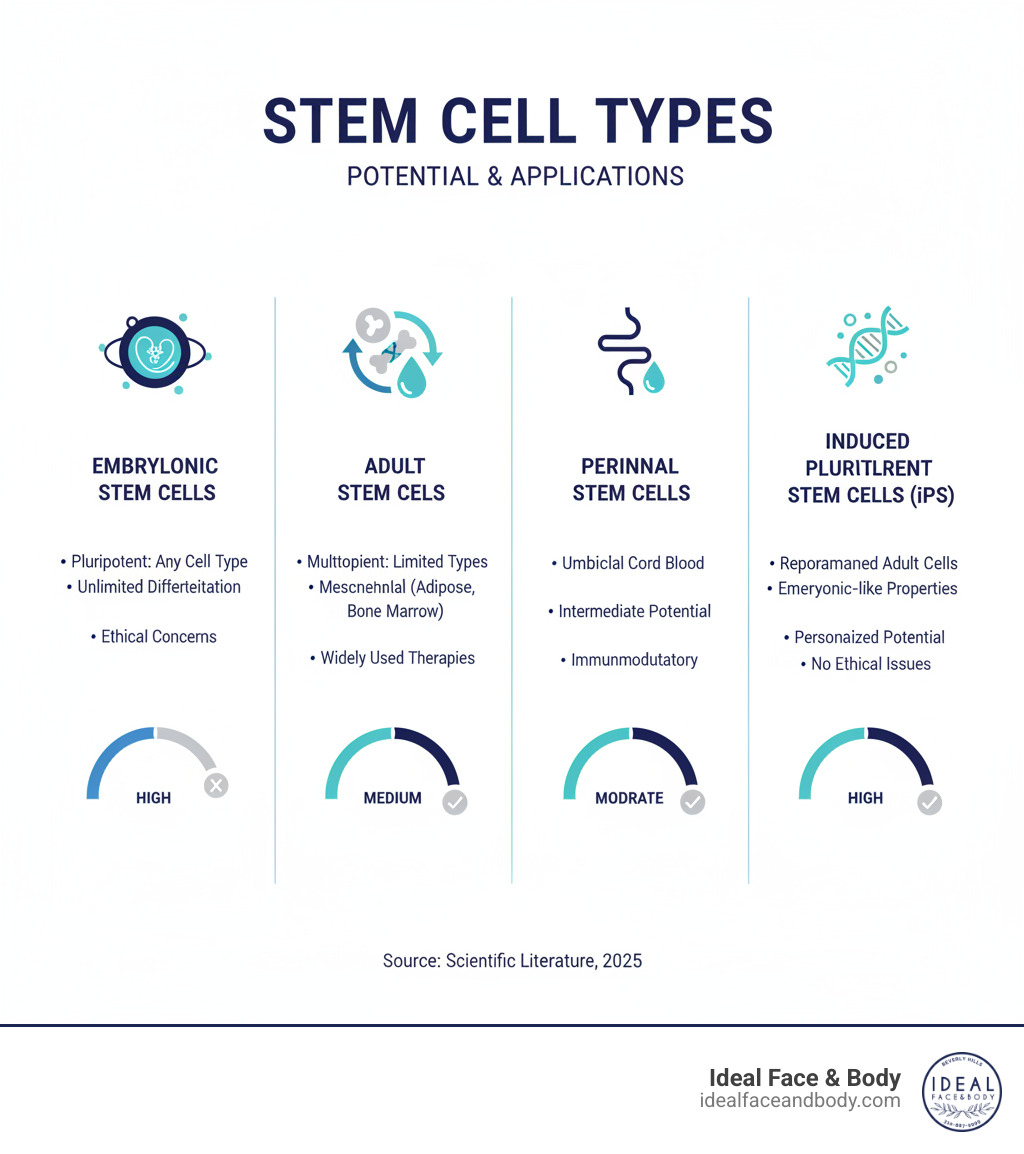 Infographic comparing types of stem cells: Embryonic stem cells are pluripotent and can become any cell type in the body but raise ethical concerns; Adult stem cells including mesenchymal stem cells from adipose tissue and bone marrow are multipotent with more limited differentiation but are widely used in therapies; Perinatal stem cells from umbilical cord blood offer intermediate potential; Induced pluripotent stem cells are adult cells reprogrammed to embryonic-like properties, offering personalized treatment potential without ethical issues - Best stem cell therapy infographic Infographic comparing types of stem cells: Embryonic stem cells are pluripotent and can become any cell type in the body but raise ethical concerns; Adult stem cells including mesenchymal stem cells from adipose tissue and bone marrow are multipotent with more limited differentiation but are widely used in therapies; Perinatal stem cells from umbilical cord blood offer intermediate potential; Induced pluripotent stem cells are adult cells reprogrammed to embryonic-like properties, offering personalized treatment potential without ethical issues - Best stem cell therapy infographic