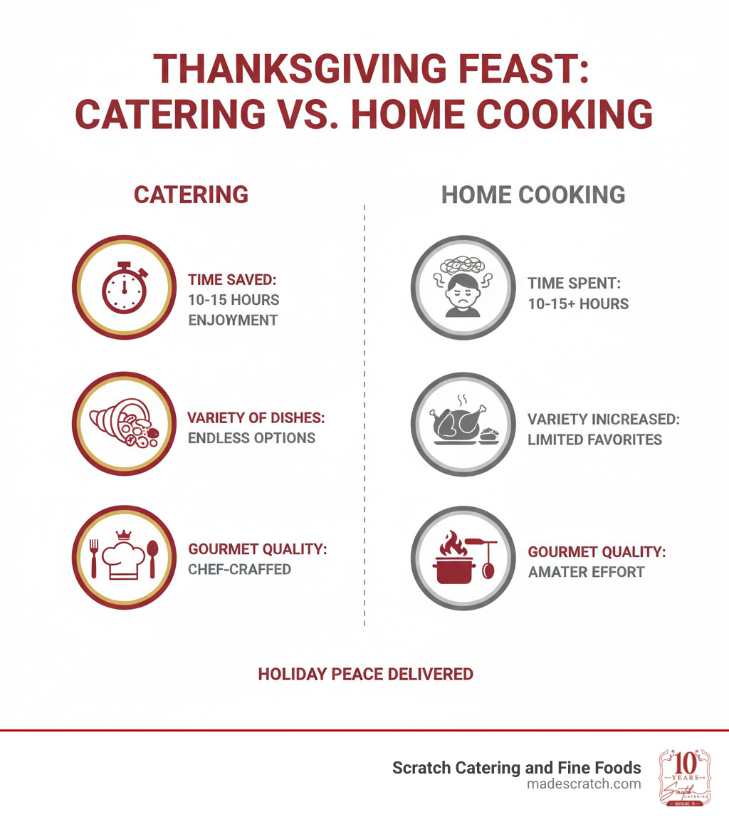 Benefits of Thanksgiving catering vs cooking at home infographic showing time saved, stress reduced, variety of dishes, and gourmet quality - Thanksgiving catering Dallas infographic 