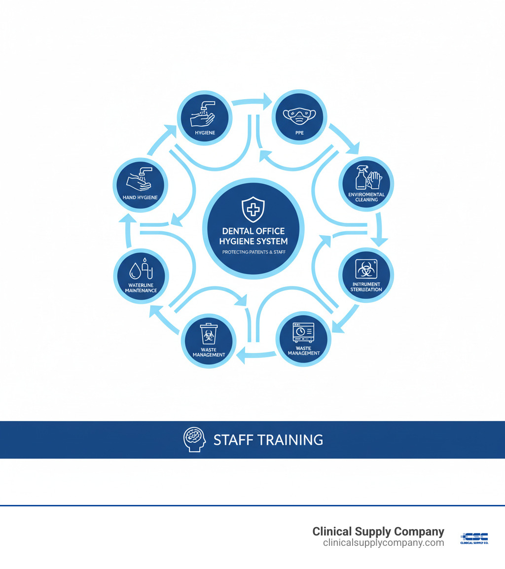 Comprehensive dental office hygiene system showing the flow from hand hygiene and PPE through environmental cleaning, instrument sterilization, waste management, and waterline maintenance, with staff training as the foundation - dental office hygiene infographic 