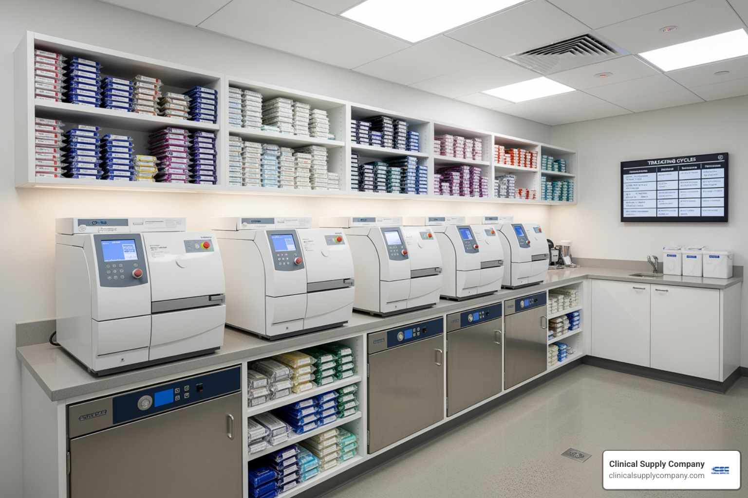Modern, organized sterilization center with autoclaves and neatly wrapped instrument cassettes - dental office hygiene