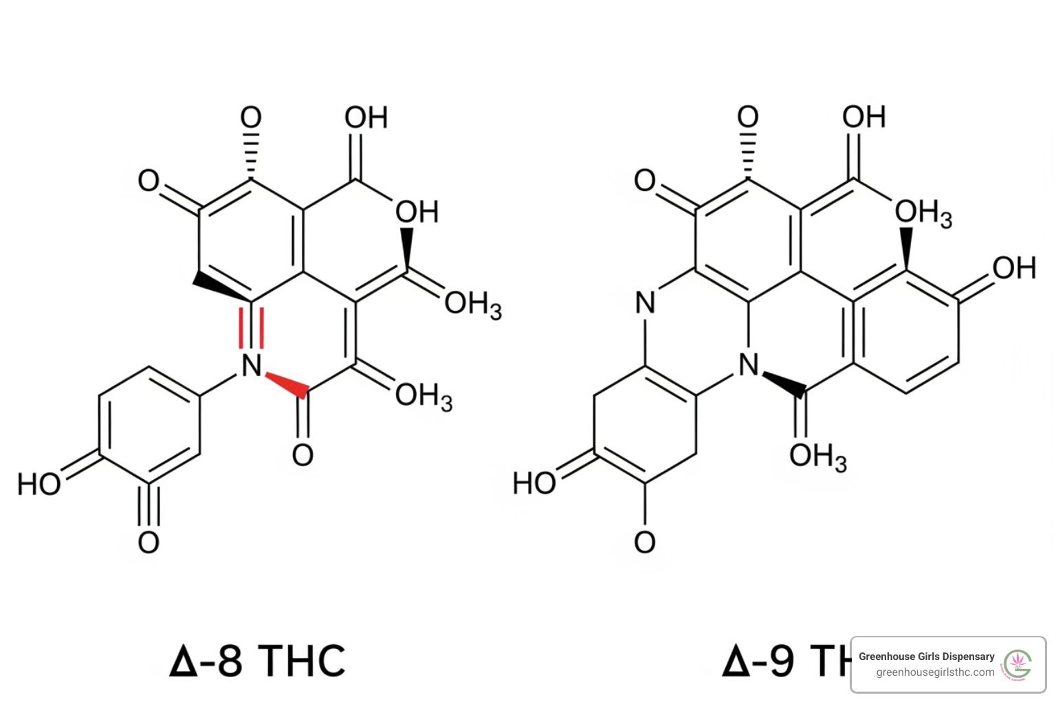 chemical structures of Delta 8 and Delta 9 THC side-by-side - delta 8 drinks