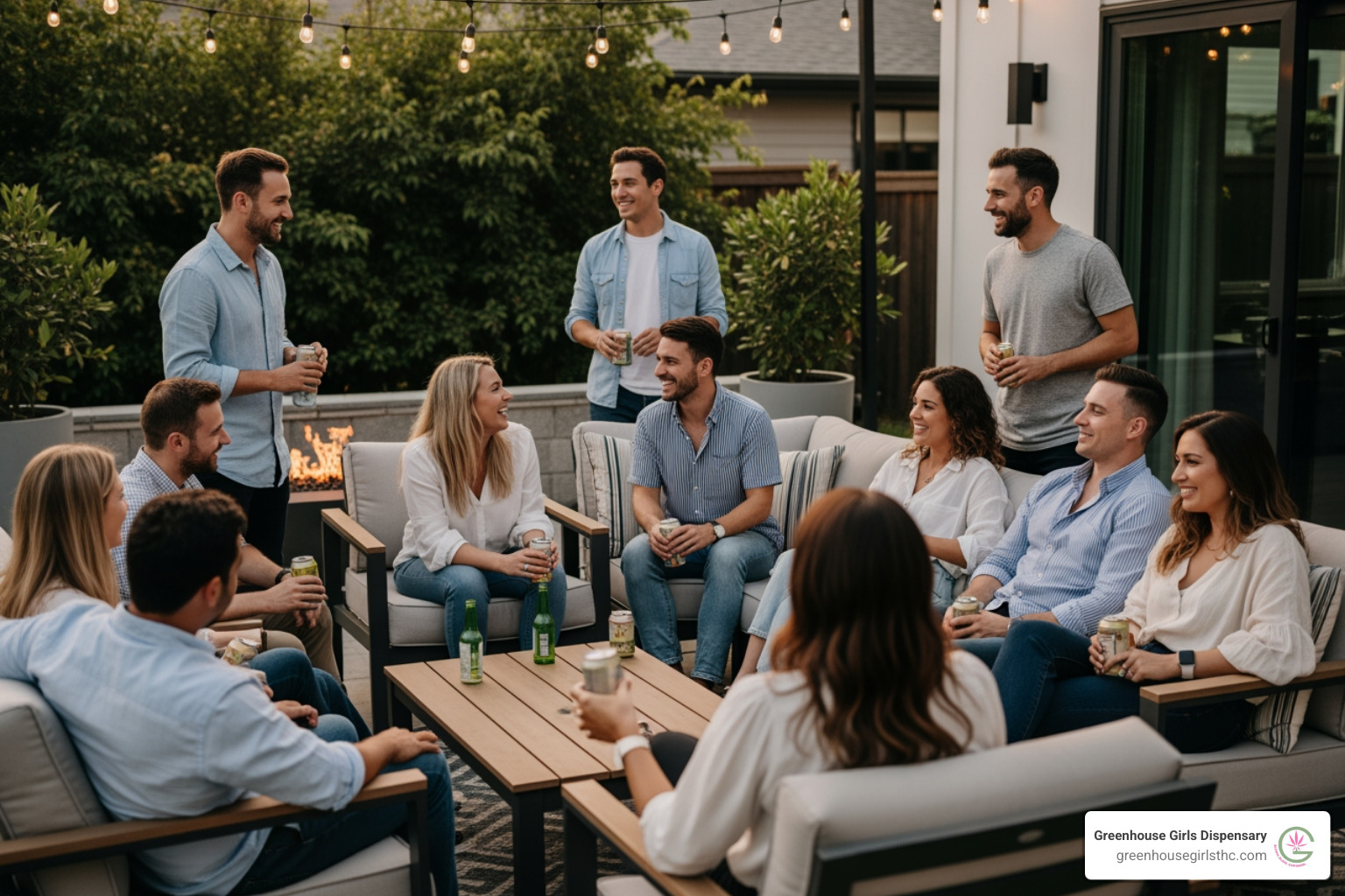 people relaxing and socializing with canned beverages in a casual setting like a backyard or living room - delta 8 drinks