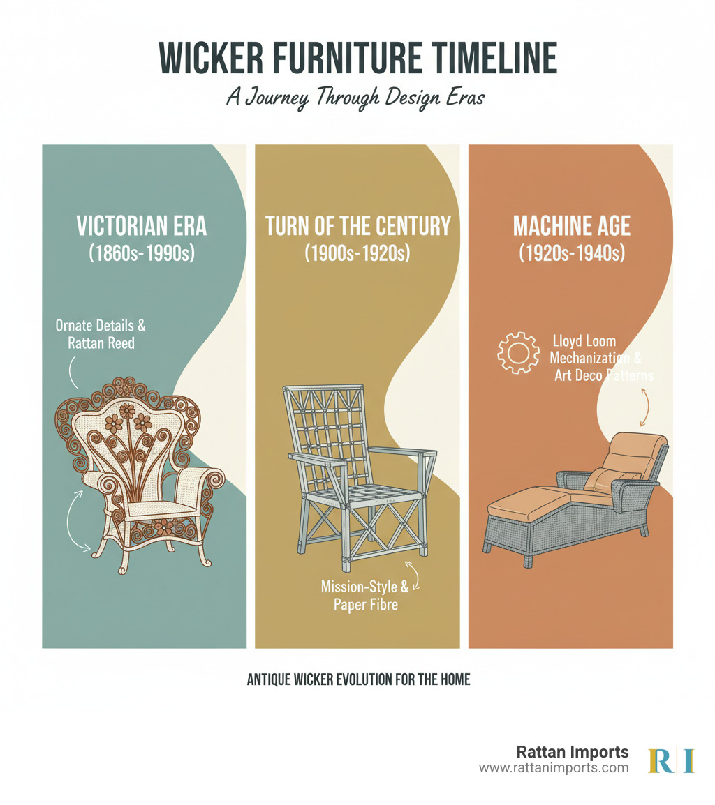 Infographic showing the timeline of wicker furniture evolution from Victorian Era (1860s-1890s) with ornate details and rattan reed construction, through Turn of the Century (1900s-1920s) featuring Mission-style and paper fibre introduction, to Machine Age (1920s-1940s) with Lloyd Loom mechanization and Art Deco geometric patterns - antique wicker porch furniture infographic 