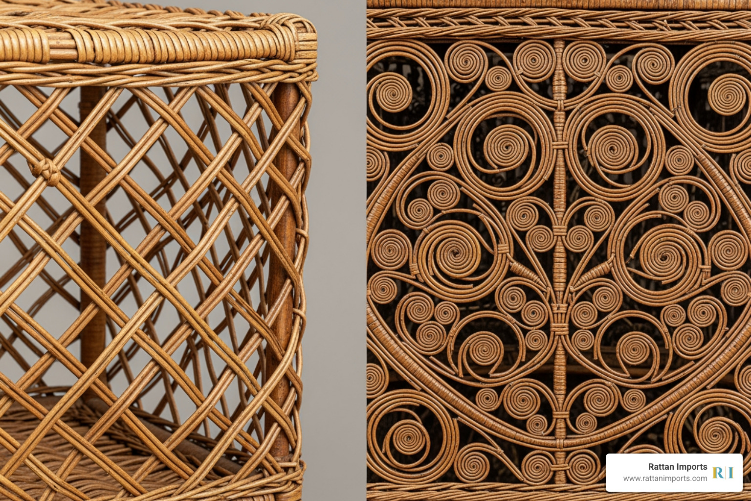side-by-side comparison of a Bar Harbor weave and a close-woven Victorian piece - antique wicker porch furniture