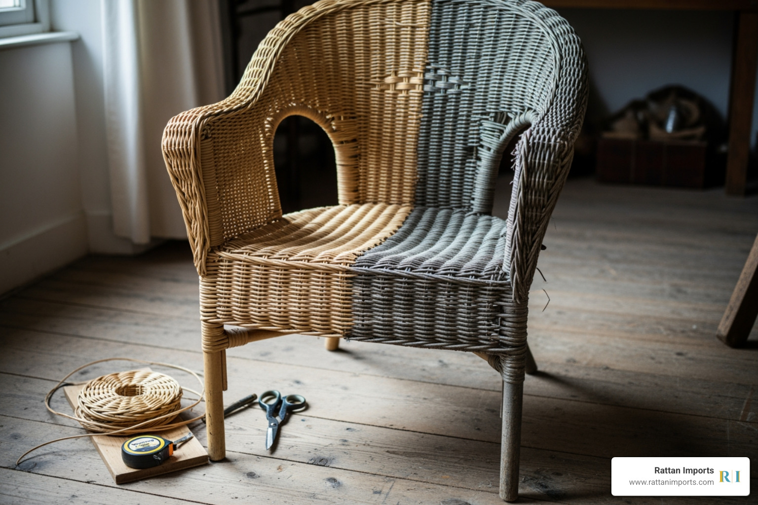 partially restored wicker chair showing contrast between old and new weaving - antique wicker porch furniture