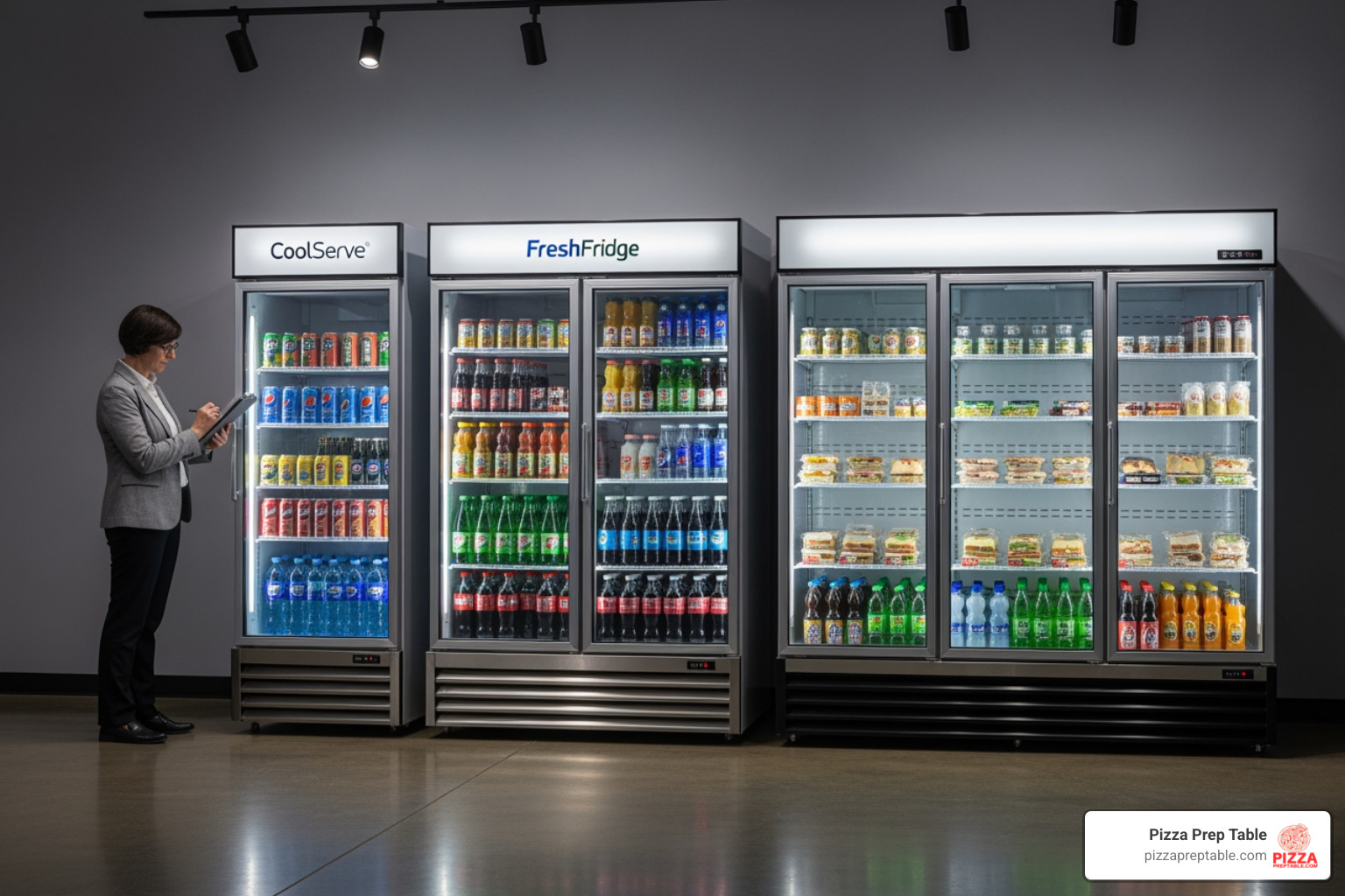 A person comparing single, double, and triple door coolers in a showroom - commercial glass front cooler