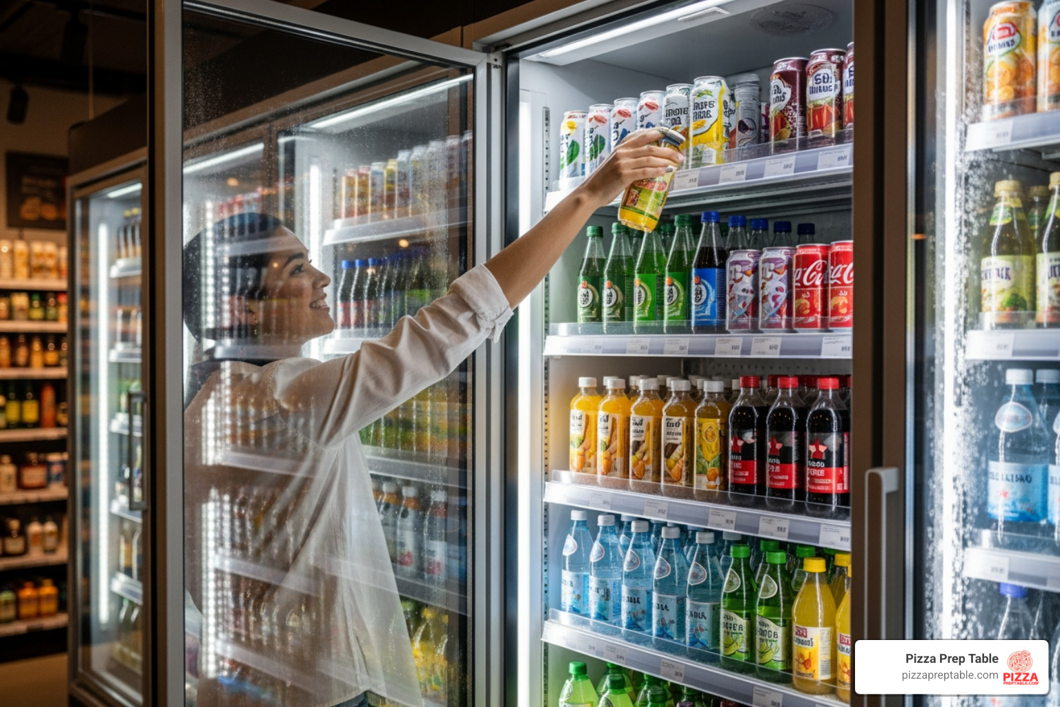 A customer happily selecting a beverage from a well-lit glass door merchandiser - commercial glass front cooler