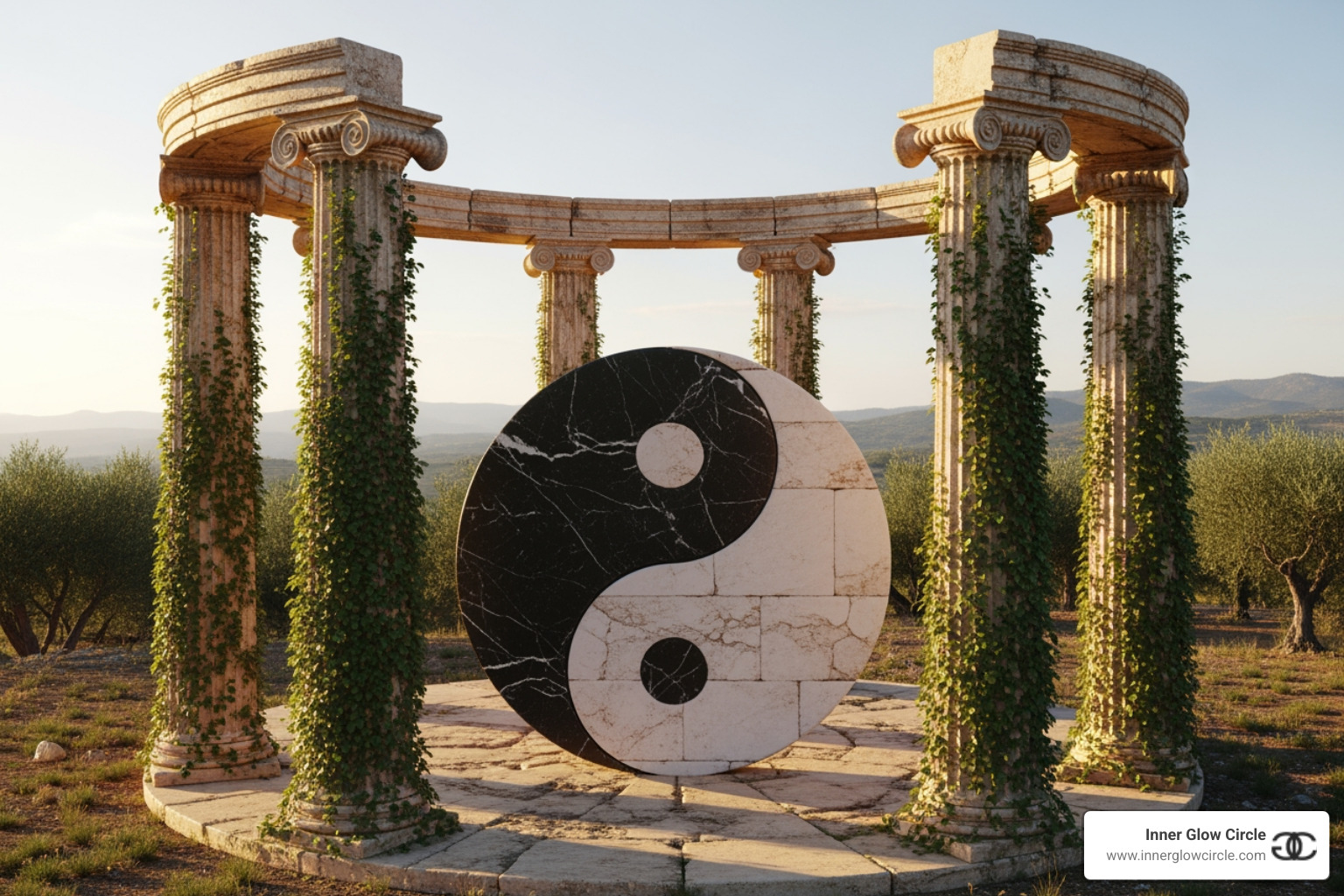 ancient Greek columns and a yin-yang symbol intertwined - holistic coaching style