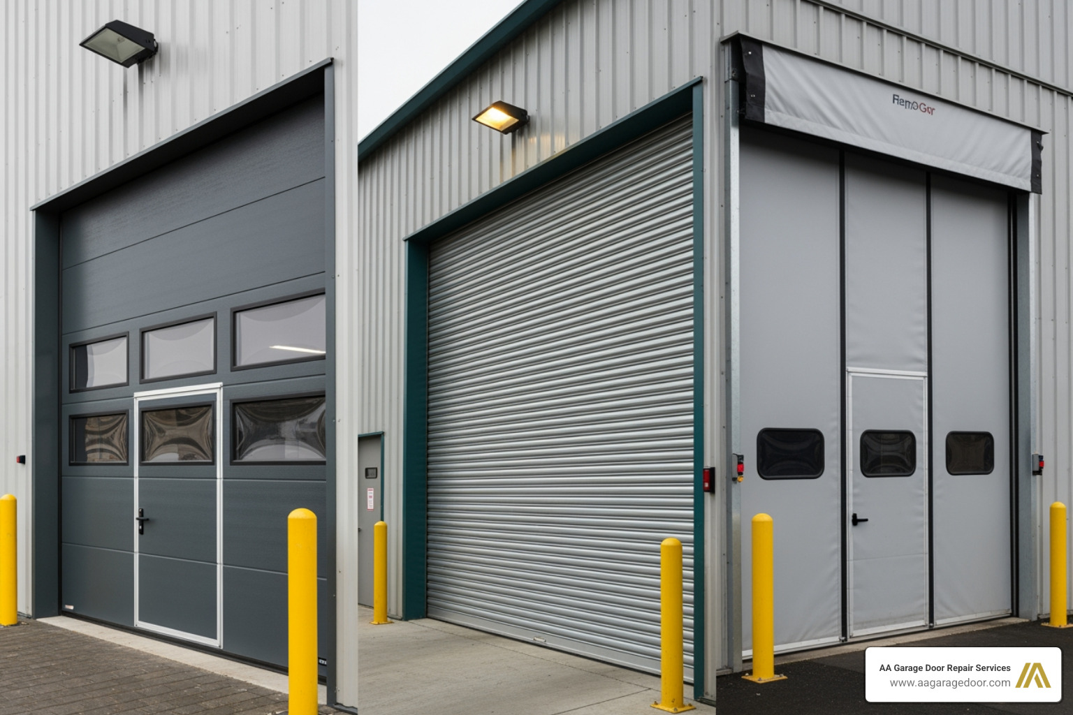 different types of commercial garage doors like sectional, rolling steel, and high-speed doors - commercial garage door repair Hudson WI