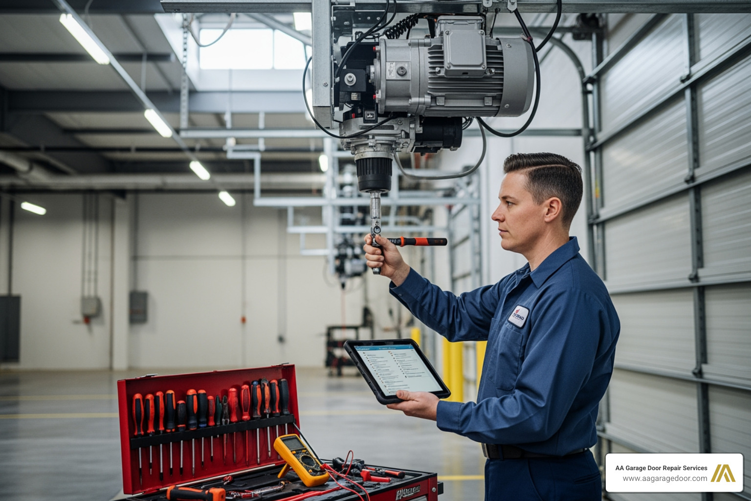 technician performing a maintenance check on a commercial garage door opener - commercial garage door repair Hudson WI