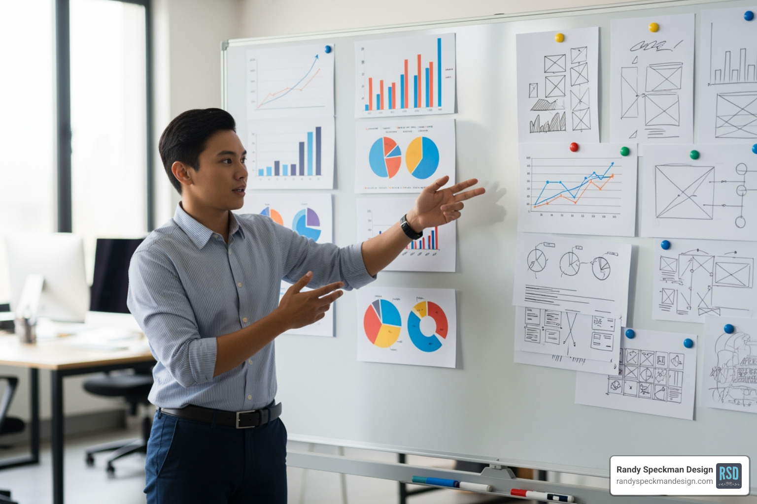 designer at a whiteboard balancing data charts with creative design sketches - data-driven web design