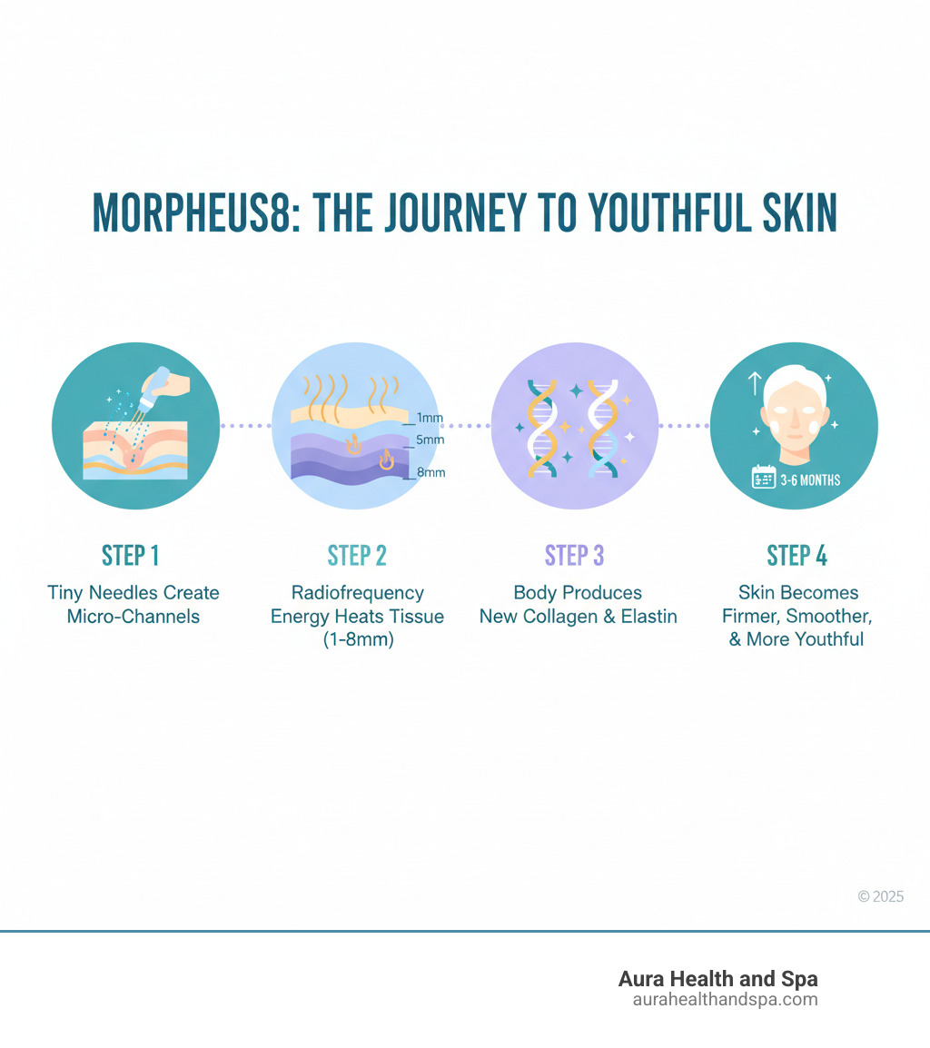 Infographic showing the Morpheus8 treatment process: Step 1 - Tiny needles create micro-channels in skin; Step 2 - Radiofrequency energy heats tissue at multiple depths (1-8mm); Step 3 - Body responds by producing new collagen and elastin; Step 4 - Skin becomes firmer, smoother, and more youthful over 3-6 months - morpheus skin tightening infographic 