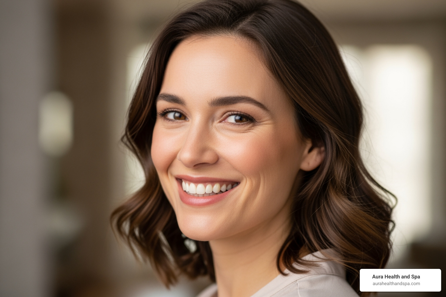 A woman smiling, showing clear and tight skin - morpheus skin tightening