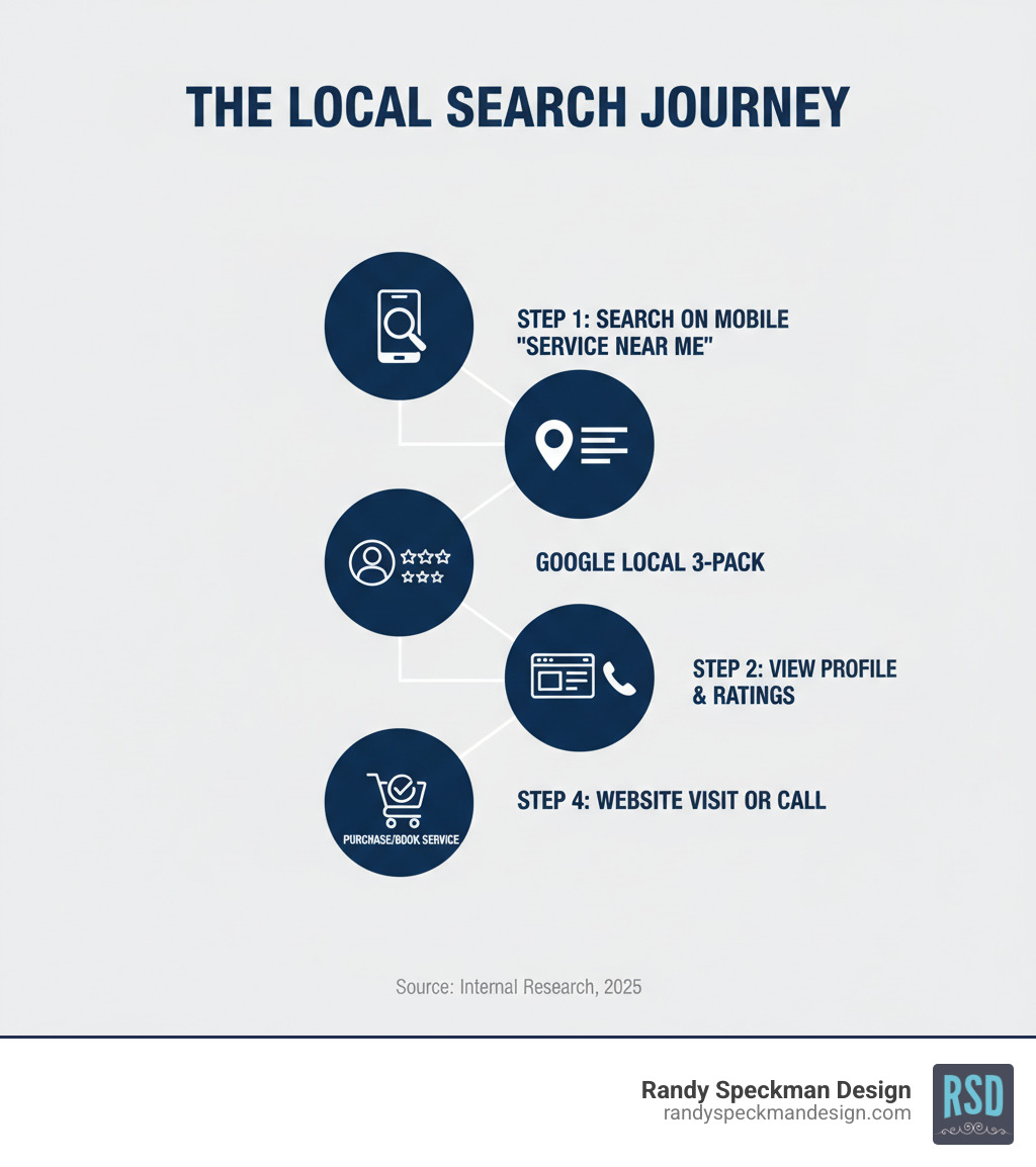 Infographic showing the local search journey: Step 1 - Customer searches on mobile device for service near me, Step 2 - Google displays Local 3-Pack with map and business listings, Step 3 - Customer clicks on business profile and reviews ratings, Step 4 - Customer visits website or calls business, Step 5 - Customer makes purchase or books service - Kennewick SEO company infographic Infographic showing the local search journey: Step 1 - Customer searches on mobile device for service near me, Step 2 - Google displays Local 3-Pack with map and business listings, Step 3 - Customer clicks on business profile and reviews ratings, Step 4 - Customer visits website or calls business, Step 5 - Customer makes purchase or books service - Kennewick SEO company infographic