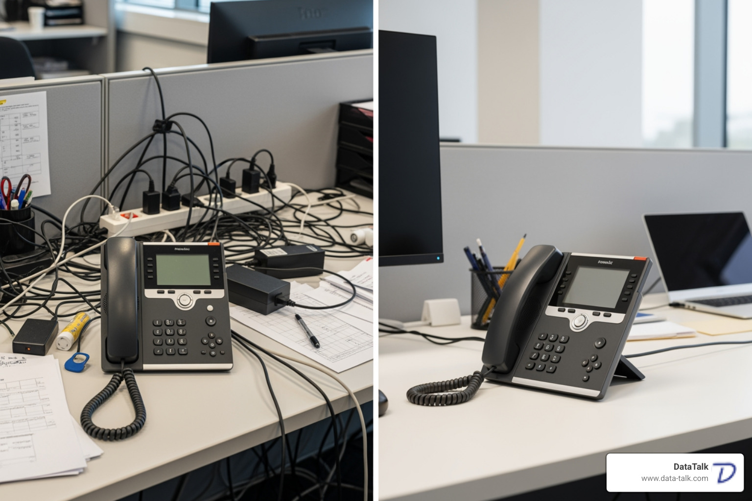 cluttered desk with a traditional phone's power brick and cables versus a clean desk with a single-cable PoE phone - poe phone system