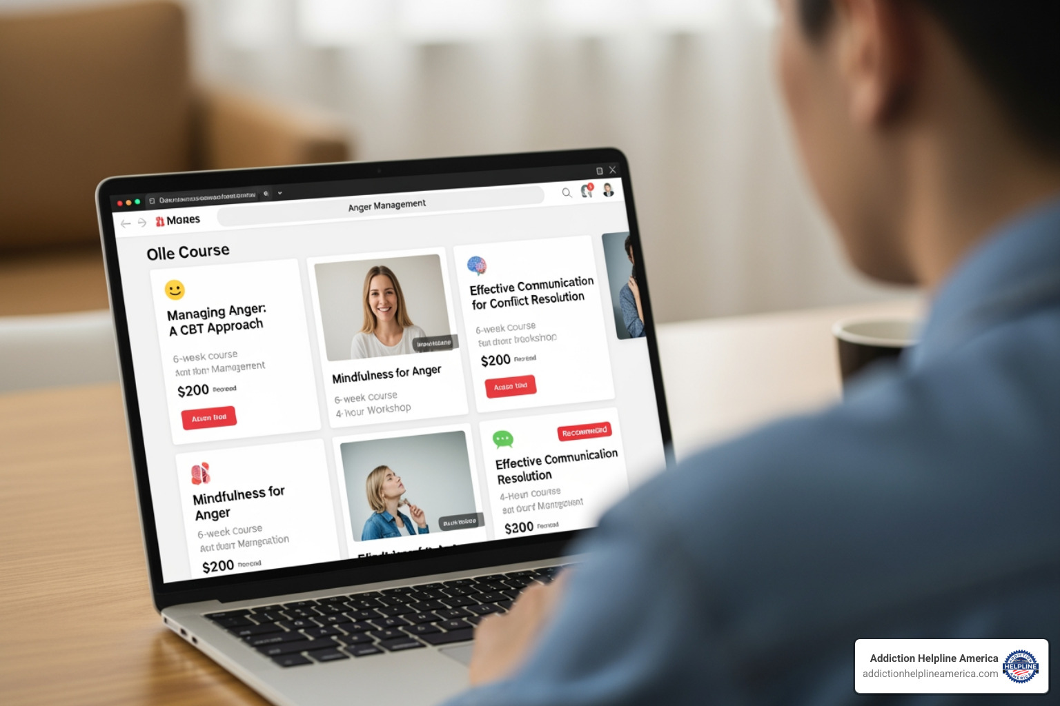 A person looking at a computer screen showing online class options - anger management classes A person looking at a computer screen showing online class options - anger management classes