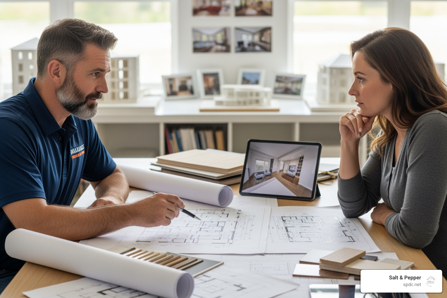 contractor and homeowner reviewing blueprints - Home Remodeling Brandon FL contractor and homeowner reviewing blueprints - Home Remodeling Brandon FL