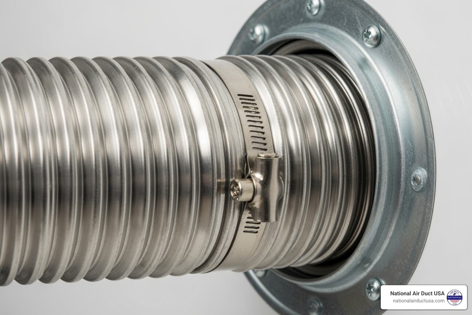 A new semi-rigid metal dryer vent hose being securely attached to the dryer's exhaust port with a metal hose clamp - dryer vent hose repair A new semi-rigid metal dryer vent hose being securely attached to the dryer's exhaust port with a metal hose clamp - dryer vent hose repair