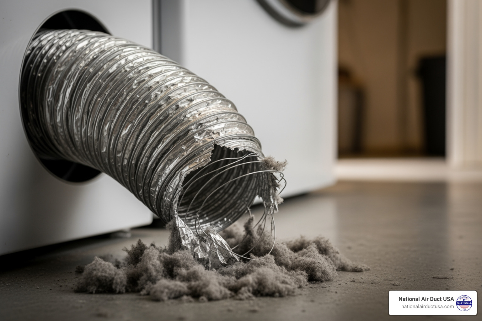 A visibly torn and kinked flexible dryer vent hose behind a dryer, with lint visible around the damaged area - dryer vent hose repair A visibly torn and kinked flexible dryer vent hose behind a dryer, with lint visible around the damaged area - dryer vent hose repair