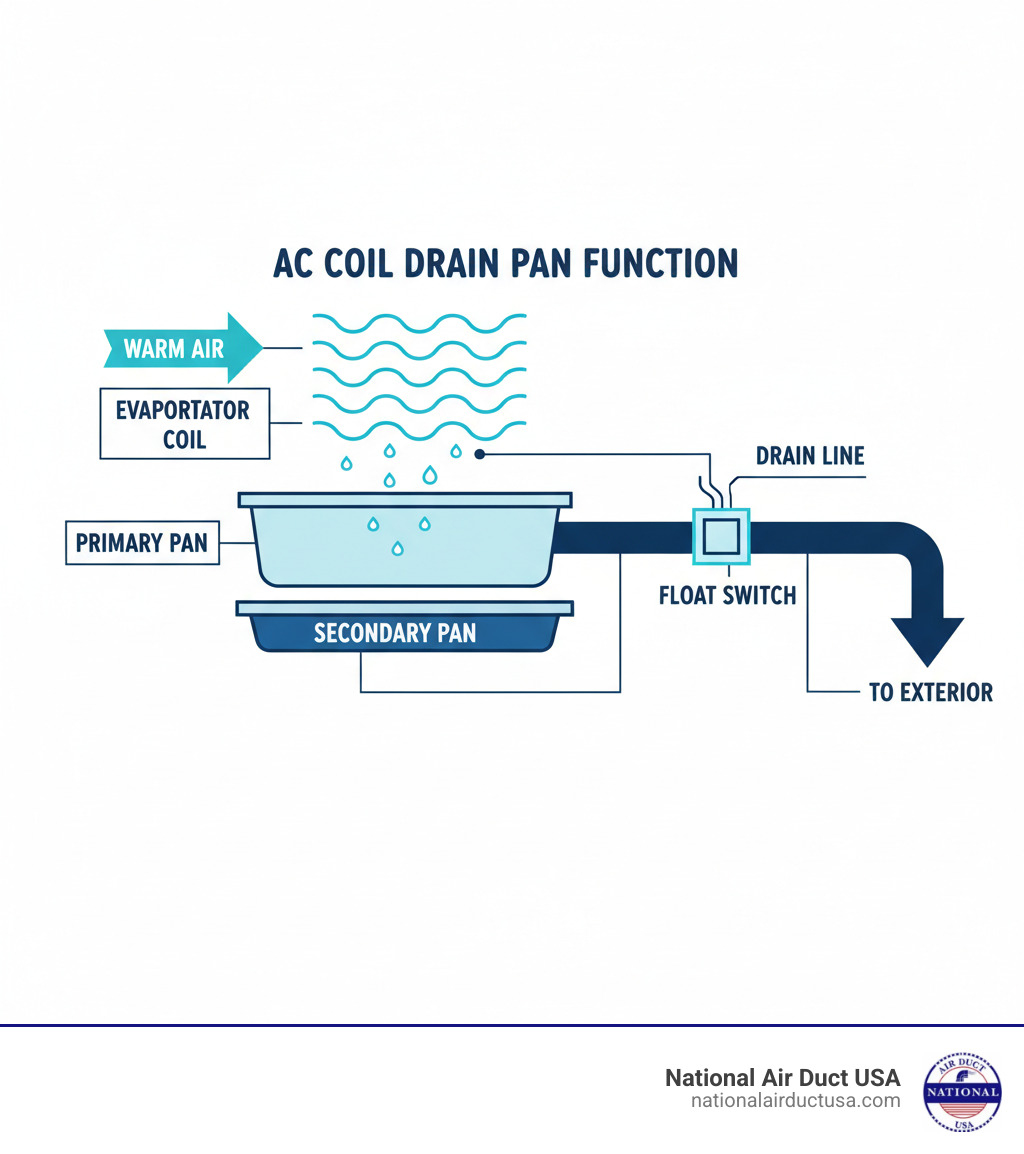 Infographic showing the AC coil drain pan function: warm air passes over cold evaporator coil, moisture condenses and drips into pan below, water flows through drain line to exterior, with callouts for primary pan, secondary pan, float switch, and drain line components - AC coil drain pan infographic 