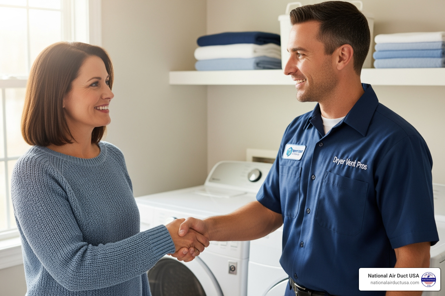 Happy customer shaking hands with a professional dryer vent cleaning technician - Dryer vent cleaning company