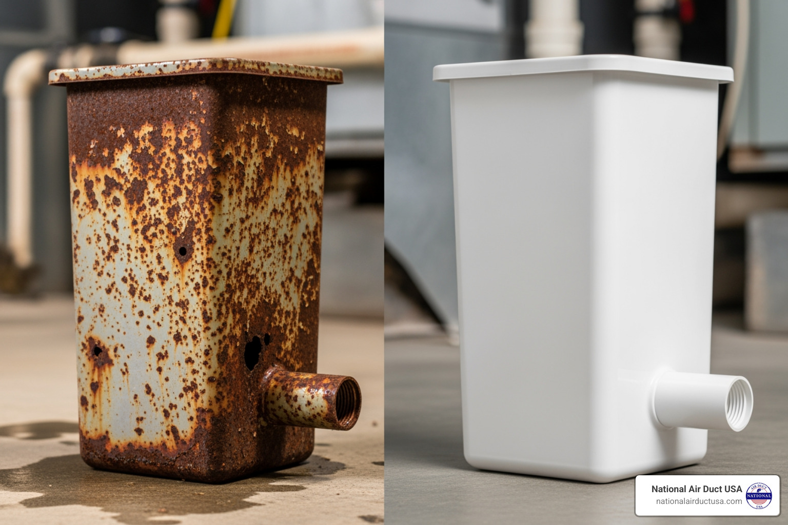 image showing a comparison of a rusted metal pan and a new plastic pan - AC coil drain pan