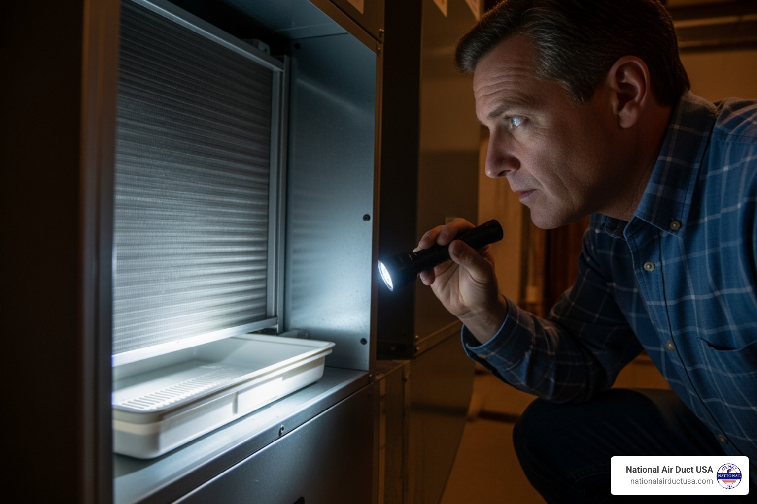 image of a homeowner inspecting a drain pan with a flashlight - AC coil drain pan