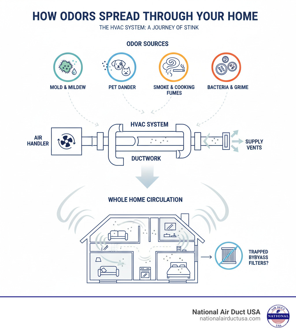 infographic showing how odors from sources like mold, pet dander, smoke, and bacteria travel through the HVAC system components including the air handler, ductwork, and vents, then circulate throughout rooms in a home - hvac deodorizer infographic infographic showing how odors from sources like mold, pet dander, smoke, and bacteria travel through the HVAC system components including the air handler, ductwork, and vents, then circulate throughout rooms in a home - hvac deodorizer infographic