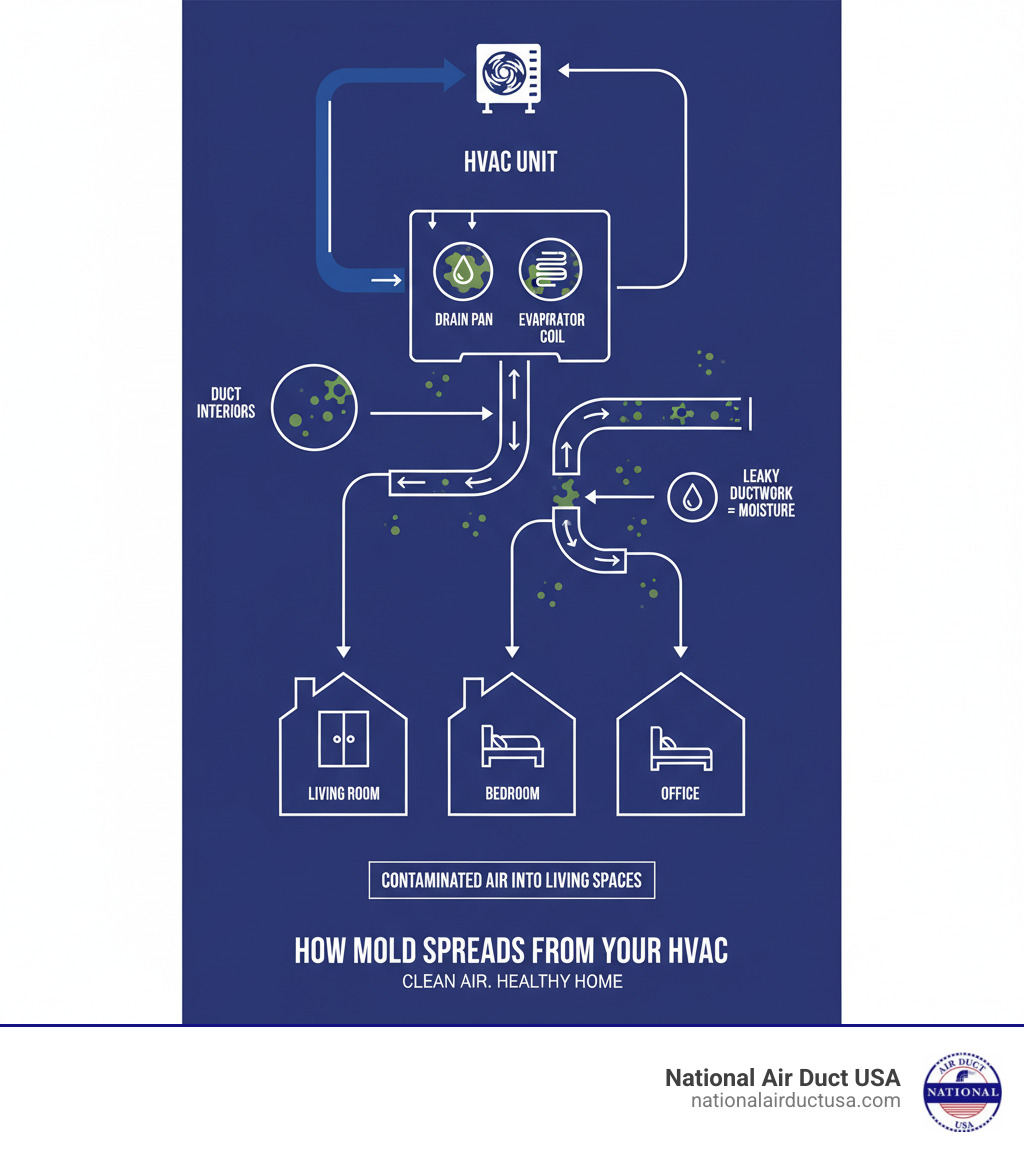 infographic showing how mold spores circulate from contaminated HVAC components through ductwork into living spaces, with arrows indicating air flow patterns and highlighting key problem areas like drain pans, evaporator coils, and duct interiors - hvac mold cleaning infographic 