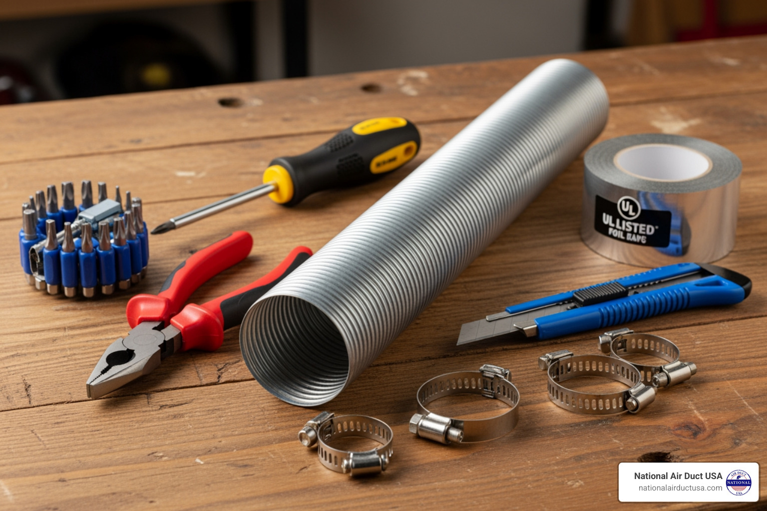 Tools and materials for dryer vent hose repair laid out on a workbench, including screwdrivers, pliers, utility knife, new metal hose, clamps, and foil tape - dryer vent hose repair Tools and materials for dryer vent hose repair laid out on a workbench, including screwdrivers, pliers, utility knife, new metal hose, clamps, and foil tape - dryer vent hose repair