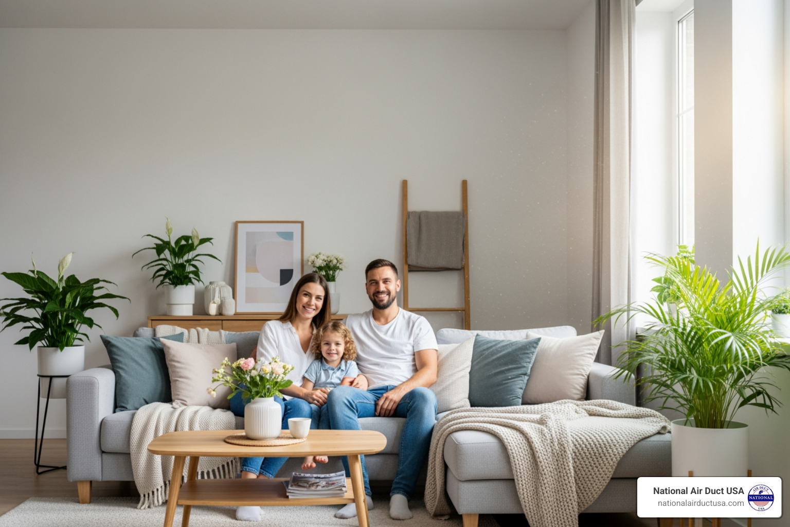 family breathing easily in a clean living room - duct cleaning Port Washington family breathing easily in a clean living room - duct cleaning Port Washington