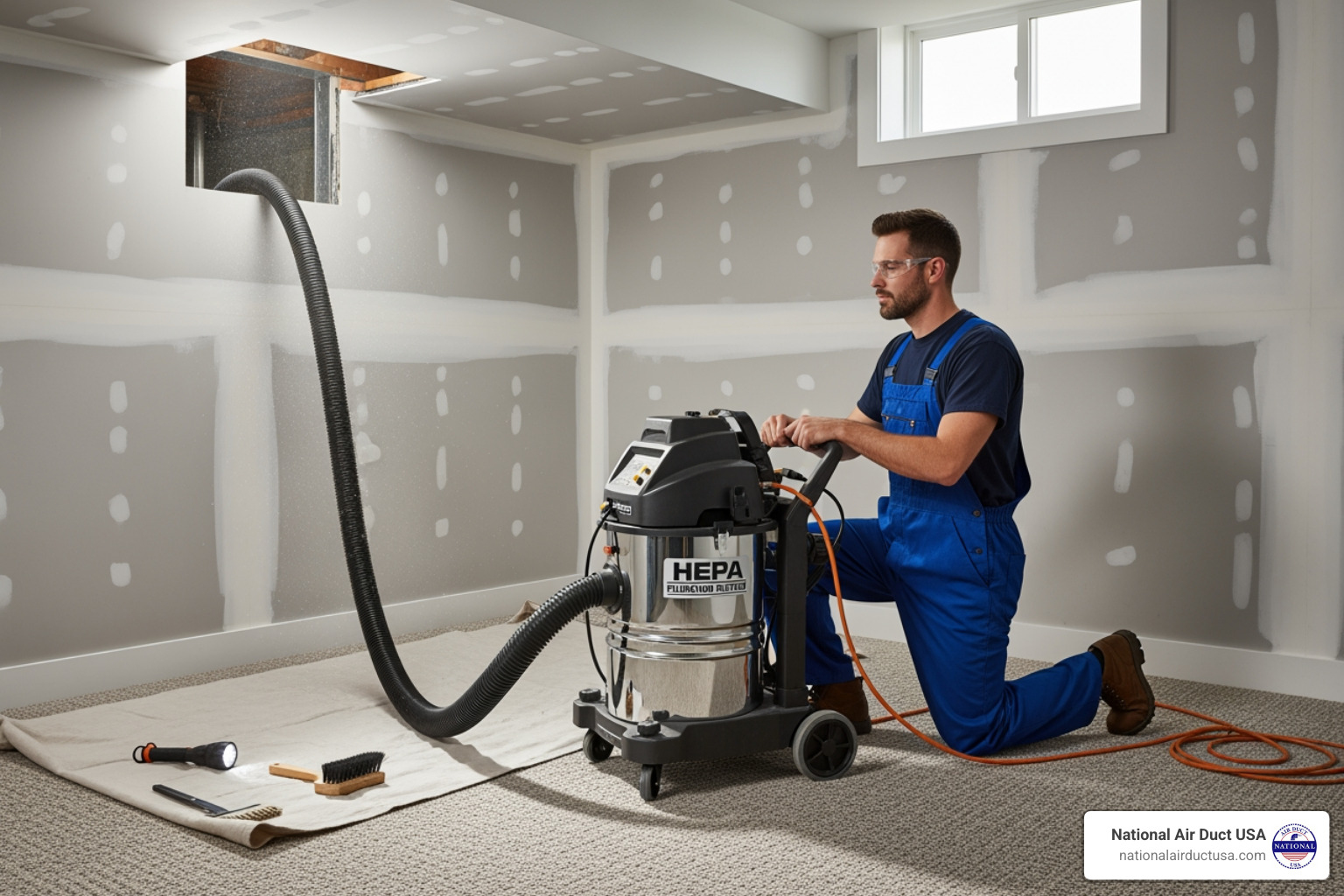 technician using a powerful HEPA vacuum system connected to a home's ductwork - duct cleaning Port Washington technician using a powerful HEPA vacuum system connected to a home's ductwork - duct cleaning Port Washington