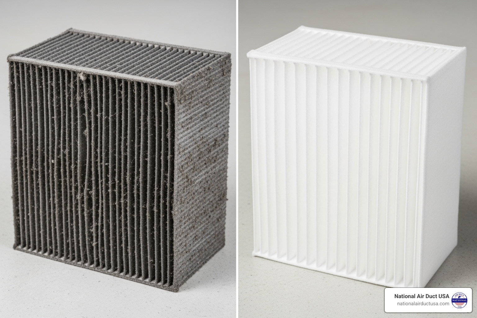severely clogged and dirty HVAC filter next to a clean one - clean hvac filter