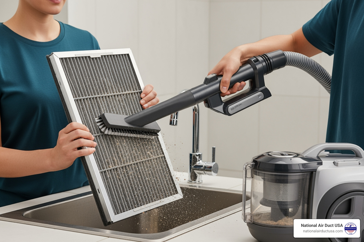 vacuuming a filter with a brush attachment - clean hvac filter