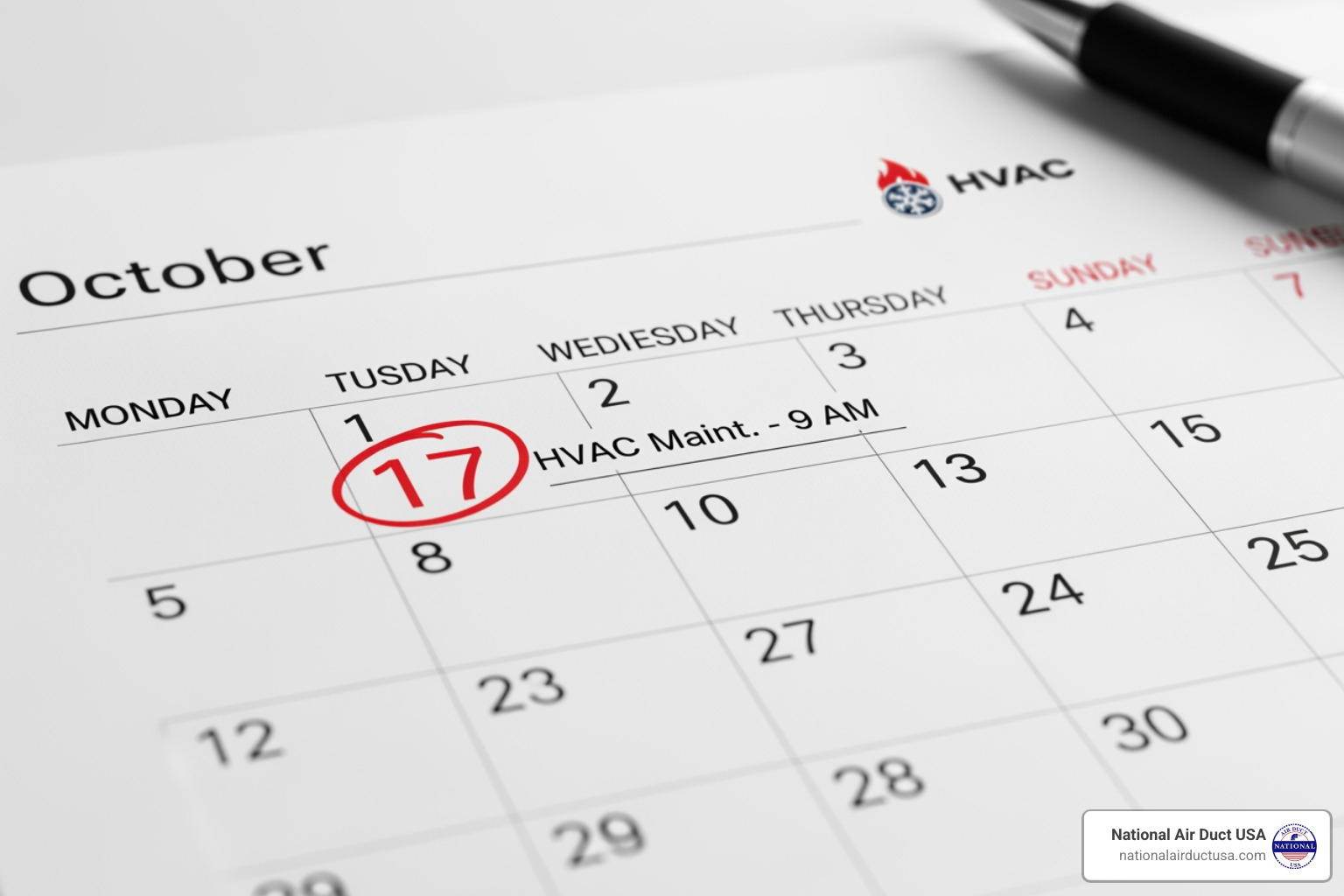 calendar marked for seasonal HVAC maintenance - duct cleaning Port Washington calendar marked for seasonal HVAC maintenance - duct cleaning Port Washington