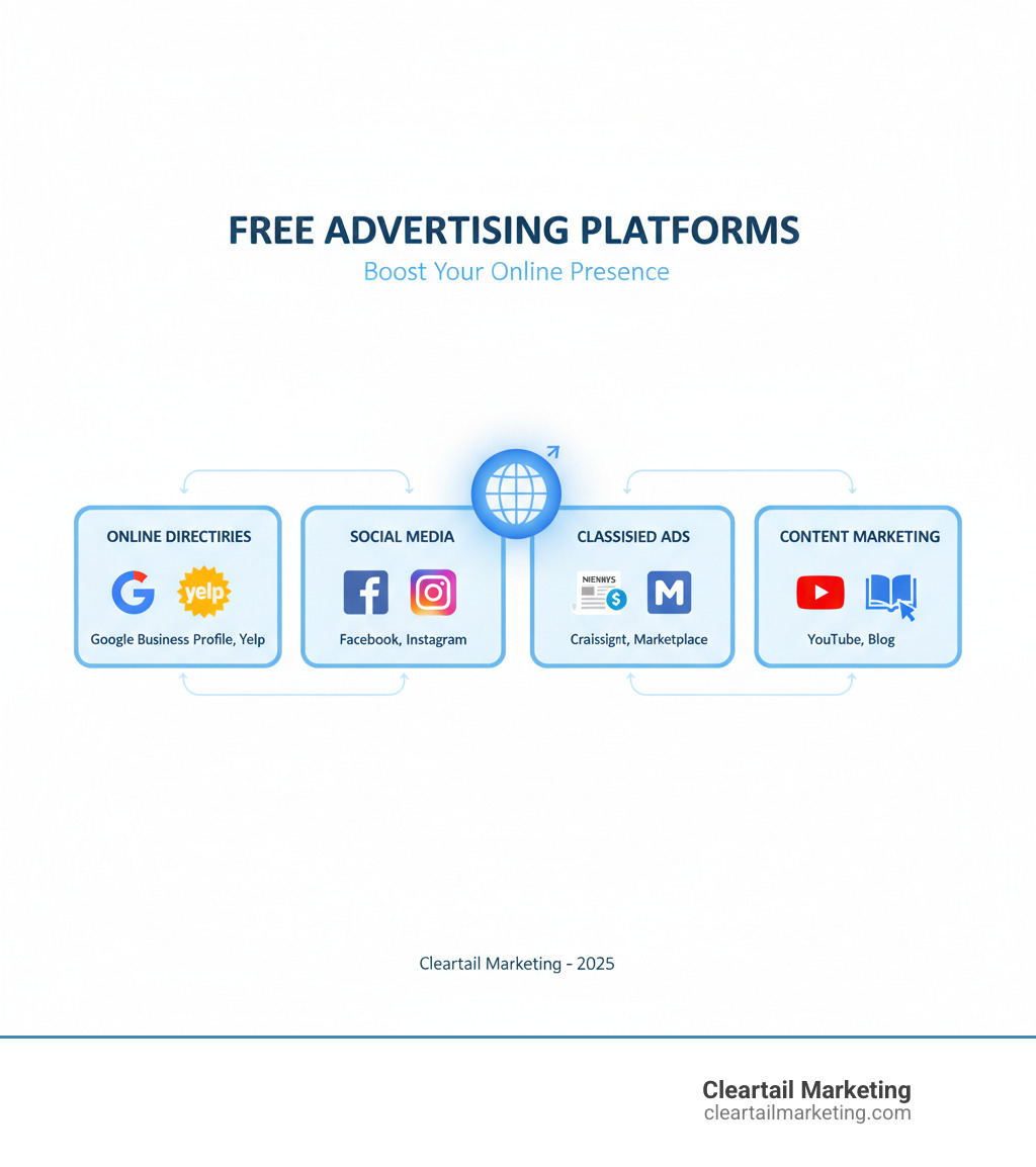 INFOGRAPHIC SHOWING FOUR MAIN CATEGORIES OF FREE ADVERTISING: ONLINE DIRECTORIES WITH ICONS FOR GOOGLE AND YELP, SOCIAL MEDIA WITH FACEBOOK AND INSTAGRAM LOGOS, CLASSIFIED ADS SHOWING CRAIGSLIST AND MARKETPLACE, AND CONTENT MARKETING WITH YOUTUBE AND BLOG SYMBOLS - ADVERTISING SITES FOR FREE INFOGRAPHIC 