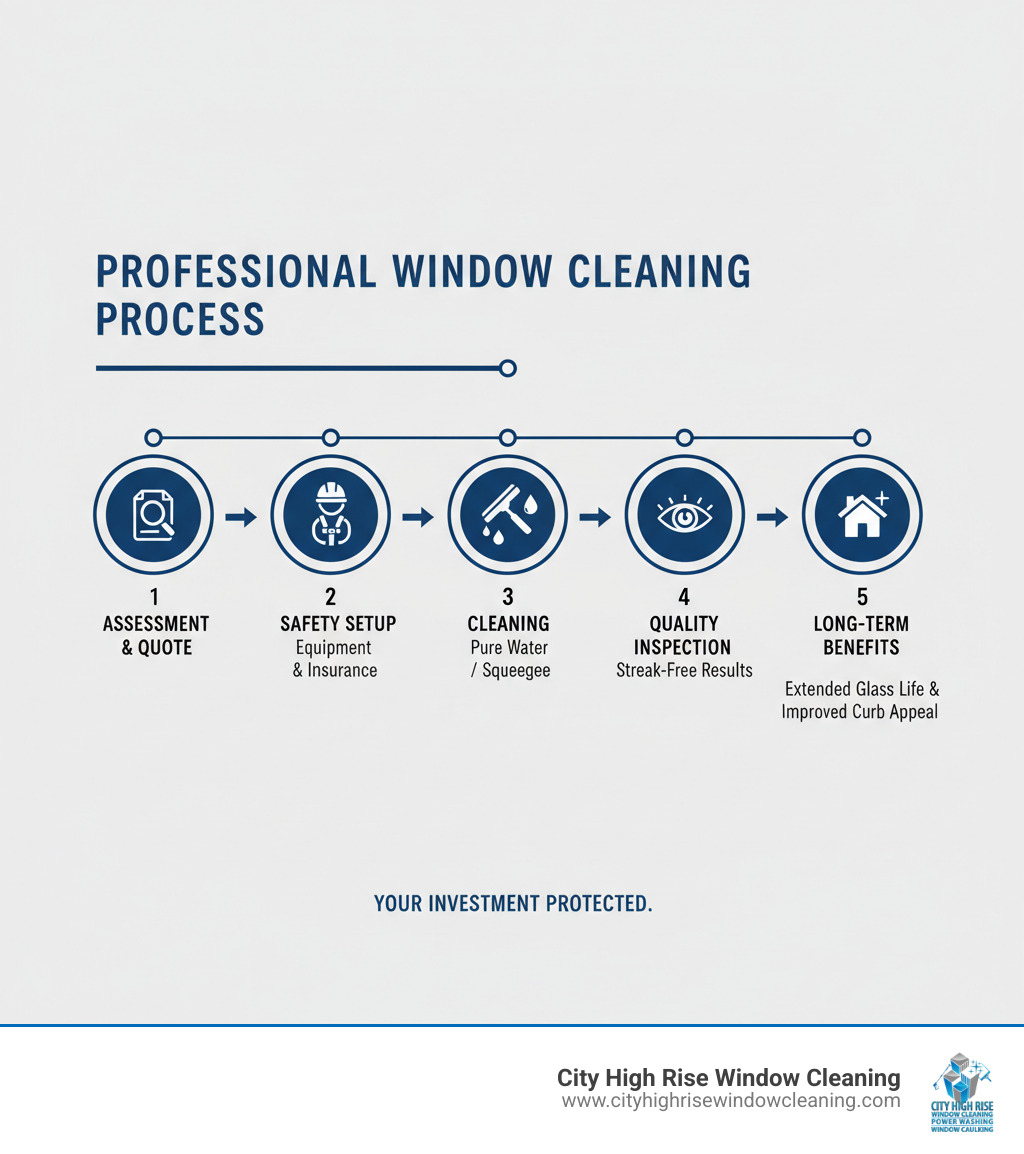 infographic showing professional window cleaning process: Assessment and Quote, Safety Setup with proper equipment and insurance, Cleaning using pure water systems or traditional squeegee methods, Quality Inspection for streak-free results, and Long-term Benefits including extended glass life and improved curb appeal - window cleaning professional infographic infographic showing professional window cleaning process: Assessment and Quote, Safety Setup with proper equipment and insurance, Cleaning using pure water systems or traditional squeegee methods, Quality Inspection for streak-free results, and Long-term Benefits including extended glass life and improved curb appeal - window cleaning professional infographic