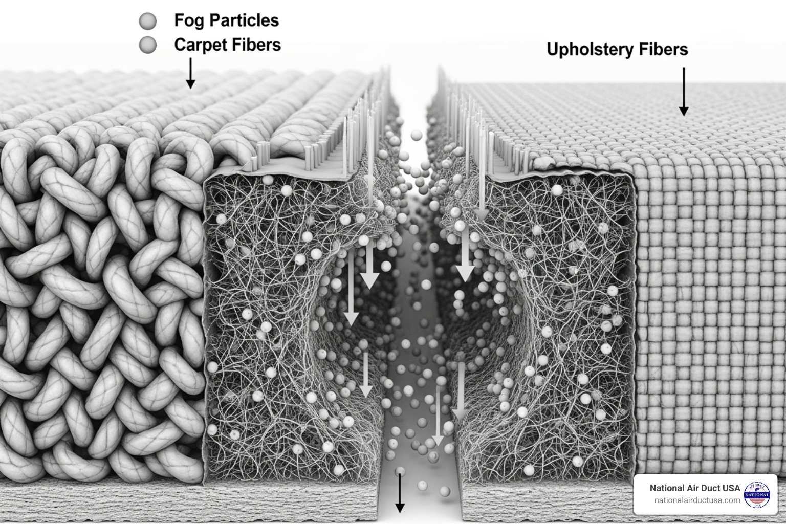 diagram showing fog particles penetrating porous surfaces like carpet and upholstery - fogging deodorizer