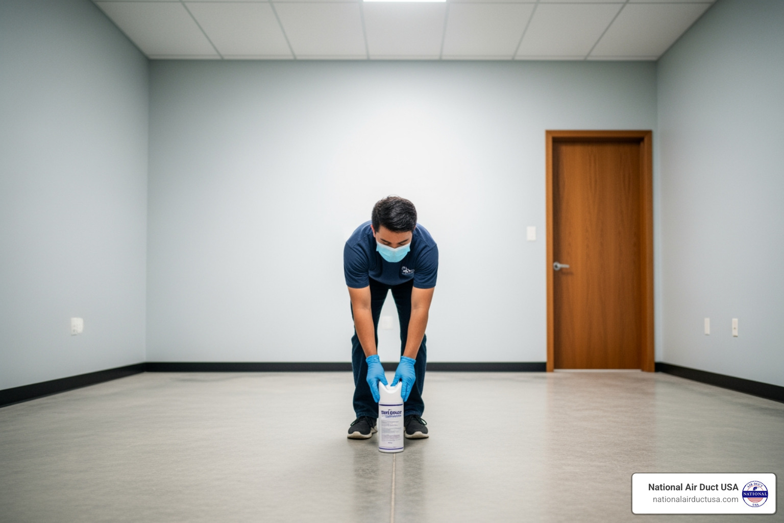 person wearing gloves and a mask placing a total-release fogger in the center of a room - fogging deodorizer