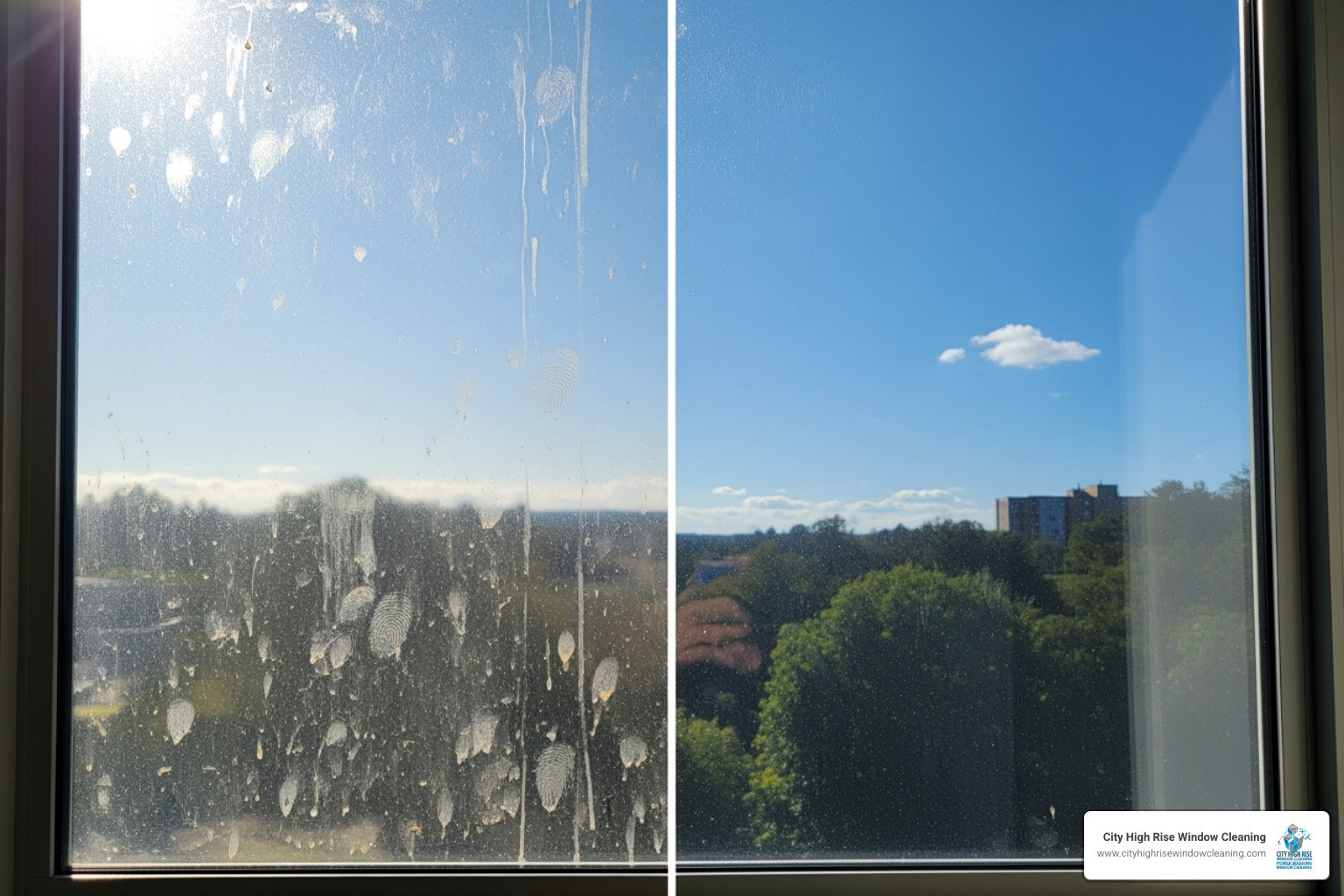 comparing a streaky, poorly cleaned window to a perfectly clear, professionally cleaned one - window cleaning professional comparing a streaky, poorly cleaned window to a perfectly clear, professionally cleaned one - window cleaning professional