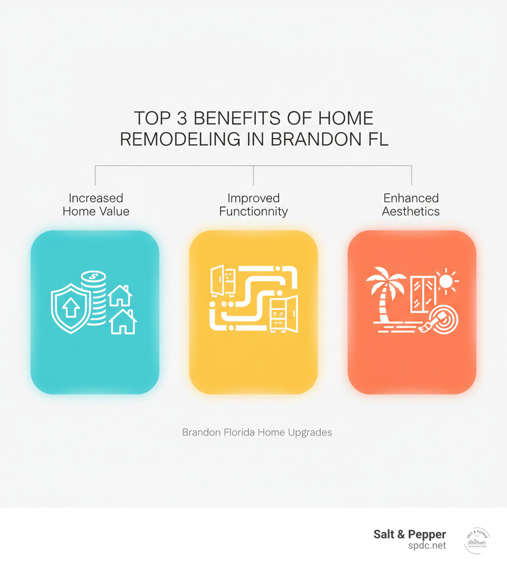 Infographic showing the top 3 benefits of home remodeling in Brandon FL: 1. Increased Home Value - professional renovations can significantly boost resale value and home equity; 2. Improved Functionality - better layouts, more storage, enhanced room flow, and spaces that fit your lifestyle; 3. Enhanced Aesthetics - modern finishes, updated styles, and personalized designs that reflect Brandon's community charm and Florida lifestyle - Home Remodeling Brandon FL infographic Infographic showing the top 3 benefits of home remodeling in Brandon FL: 1. Increased Home Value - professional renovations can significantly boost resale value and home equity; 2. Improved Functionality - better layouts, more storage, enhanced room flow, and spaces that fit your lifestyle; 3. Enhanced Aesthetics - modern finishes, updated styles, and personalized designs that reflect Brandon's community charm and Florida lifestyle - Home Remodeling Brandon FL infographic