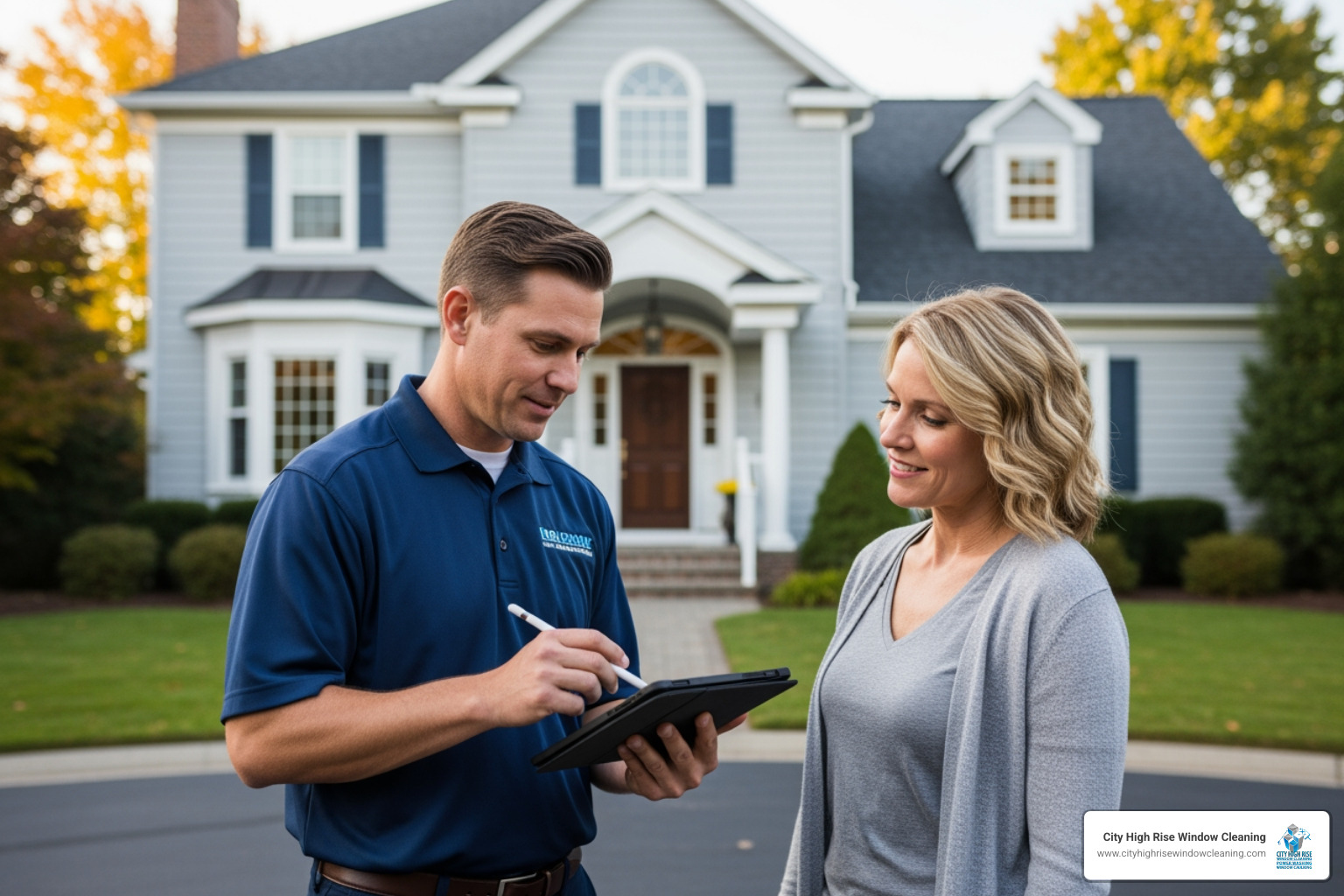 professional providing a quote to a homeowner - window cleaning professional professional providing a quote to a homeowner - window cleaning professional
