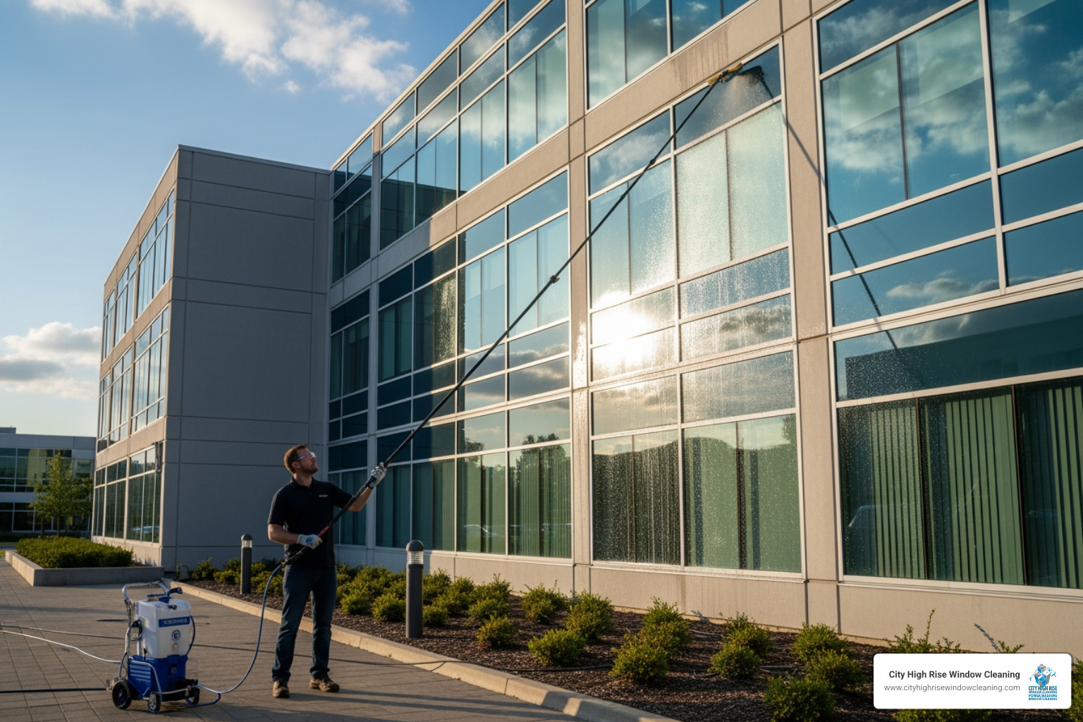 window cleaner using a water-fed pole system on a mid-rise building - window cleaning professional window cleaner using a water-fed pole system on a mid-rise building - window cleaning professional